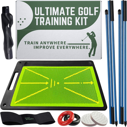 6-in-1 Golf Training Aid w/Divot Board, Golf Grip Trainer, Swing Trainer, Alignment Sticks | Golf Accessories for Men & Women | Hitting Mat Practice Indoor & Outdoor