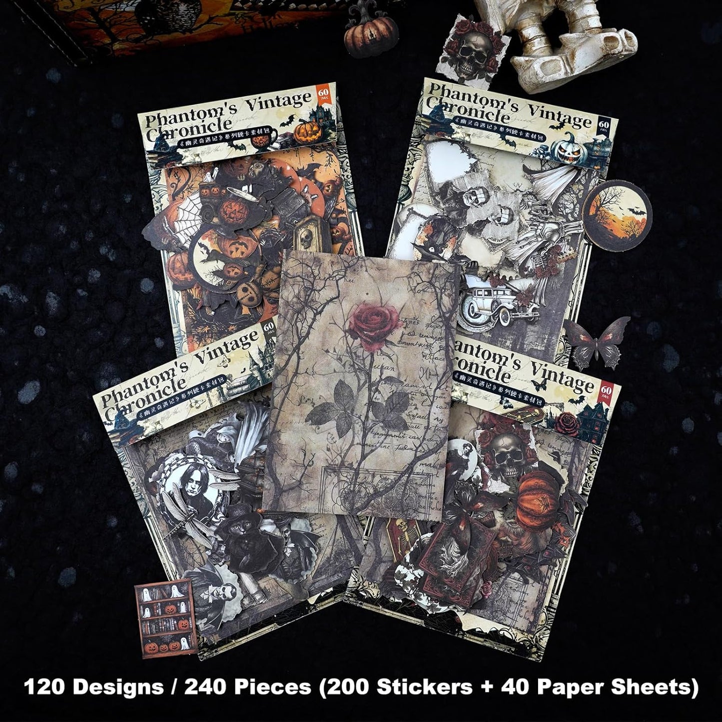 Vintage Gothic Scrapbook Sticker Paper Set – 240PCS Journaling Stickers and Material Sheets for DIY Crafts, Albums, Cards and Journals, Halloween Decoration Gift