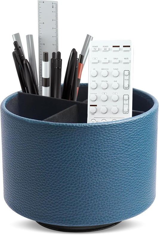 Hennaja Round Leather Art Supply Organizer,Remote Control Holder,360 Degree Spinning,Multi-Functional Pencil Holder,4 Compartments Desktop Stationary Organizer(1-Lichee Green)