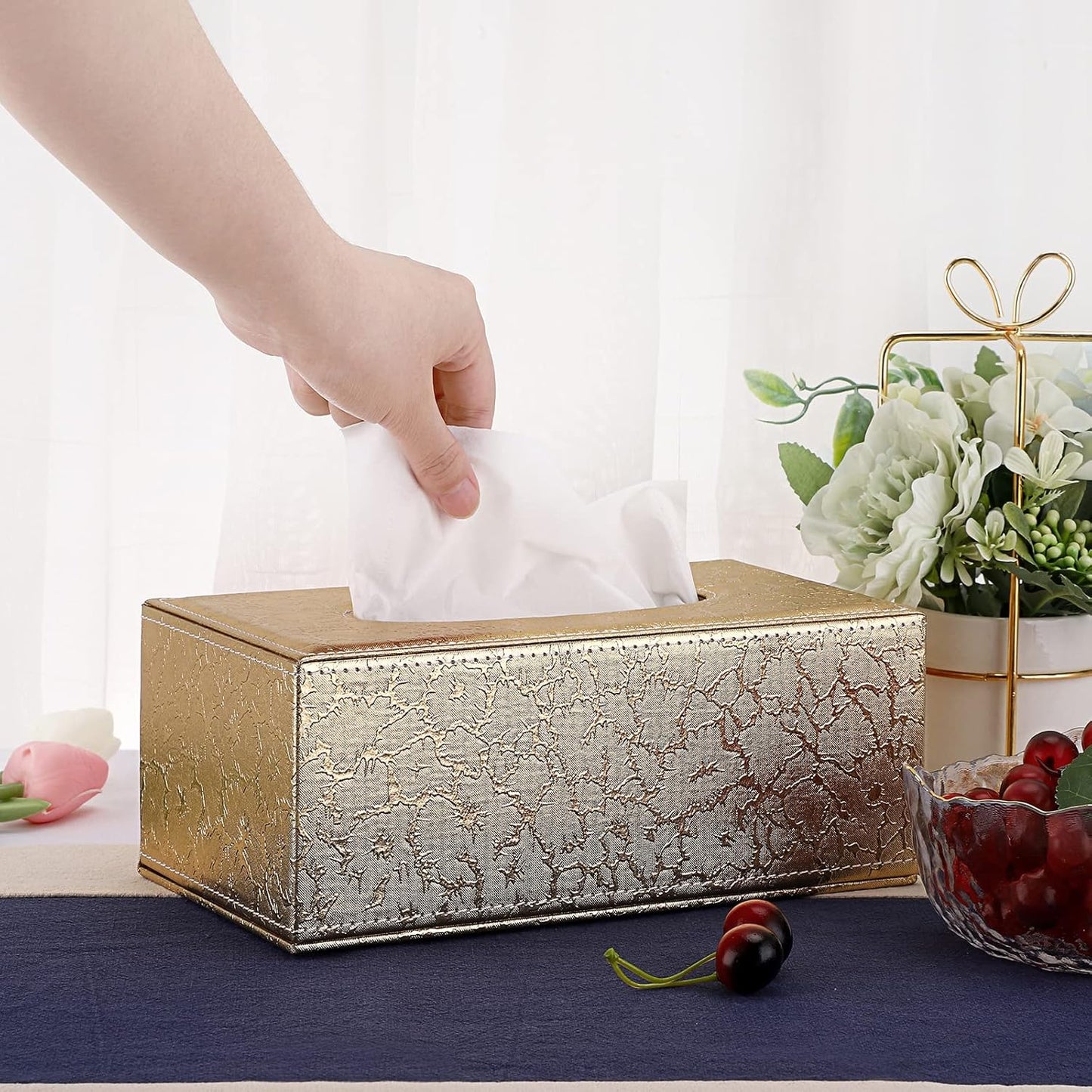 Sumnacon Rectangular Tissue Box Cover - Stylish Tissue Box Holder with Magnetic Bottom, Decorative Tissue Box for Vanity Dresser Night Stand Table Countertop (Gold, Medium)