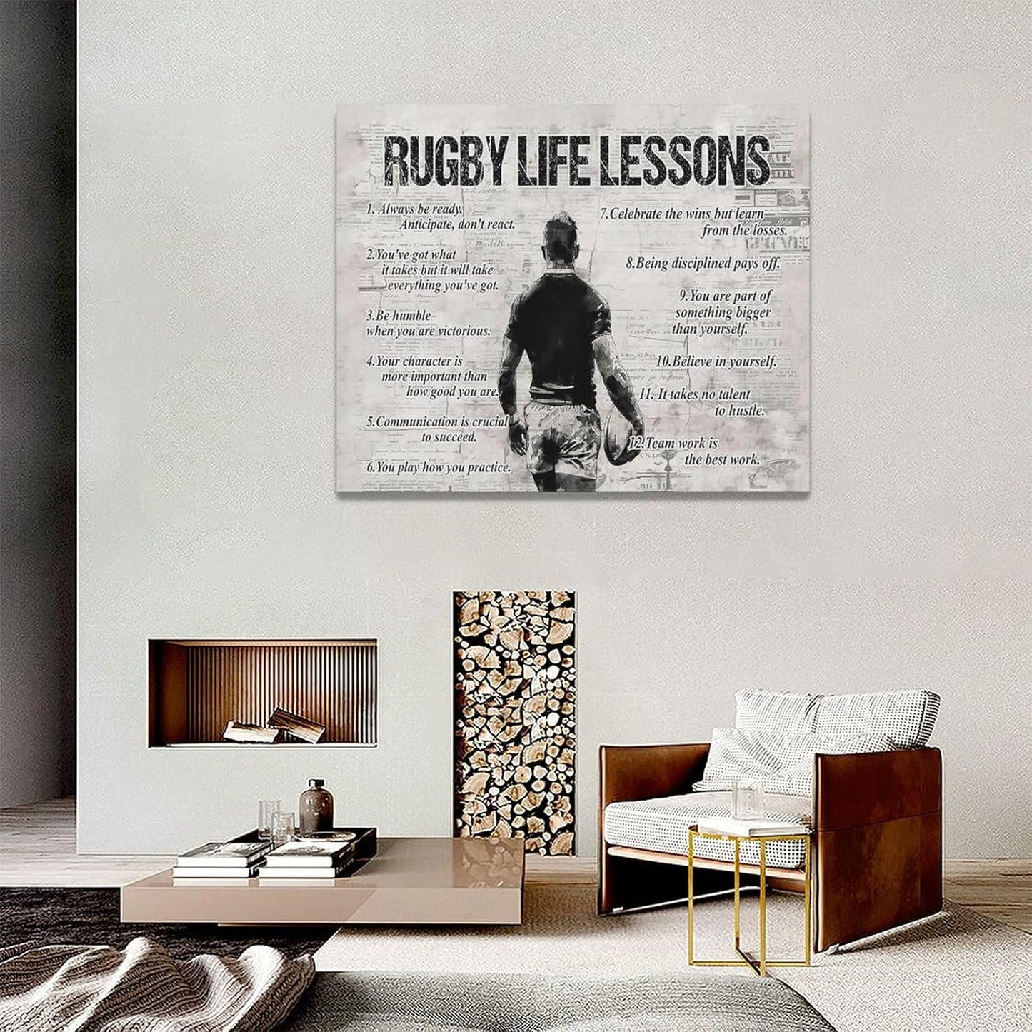 Rugby Life Lessons Wall Art Rugby Sports Wall Decor Rugby Sign Retro Poster Boy Men Motivational Decorations Canvas Print Painting Artwork for Bedroom Bathroom Living Room Gym 20"x16"