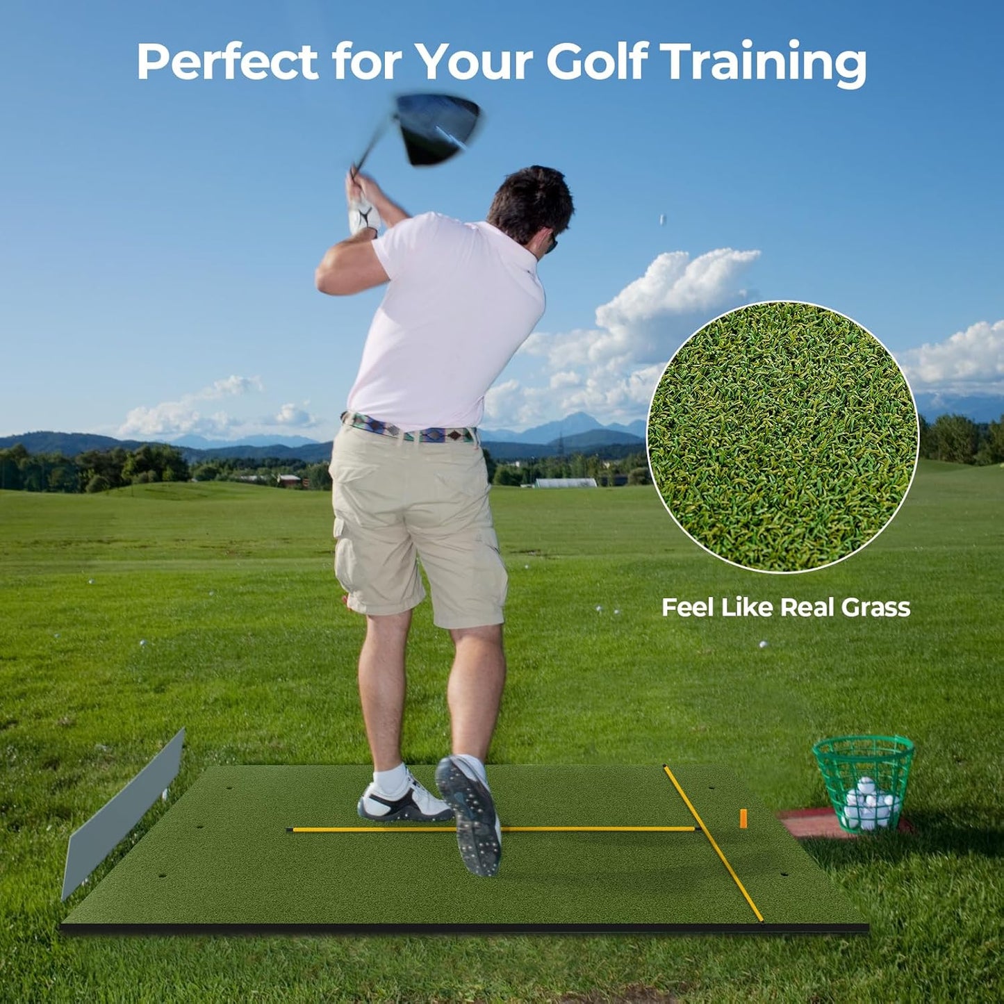 Goplus Golf Mat, 5x3ft/5x4ft Golf Hitting Mat 20/25/27/32mm Thick w/2 Alignment Sticks & 2 Golf Tees, Portable Artificial Turf Grass Training Mat Practice for Indoor Outdoor
