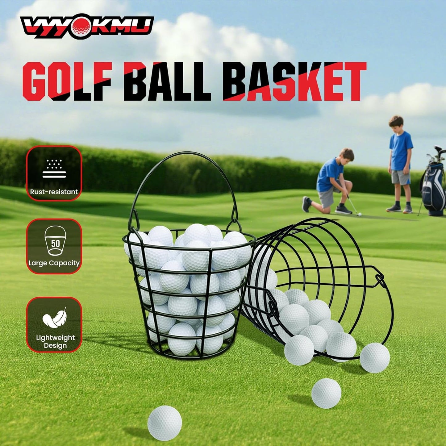 Mental Golf Ball Basket with Handle, 2 Pack Golf Ball Buckets, Stainless Bucket of Golf Balls, Holds 50 Balls of Golf Ball Holder, Portable Metal Baskets for Storage for Golf Cart Accessories