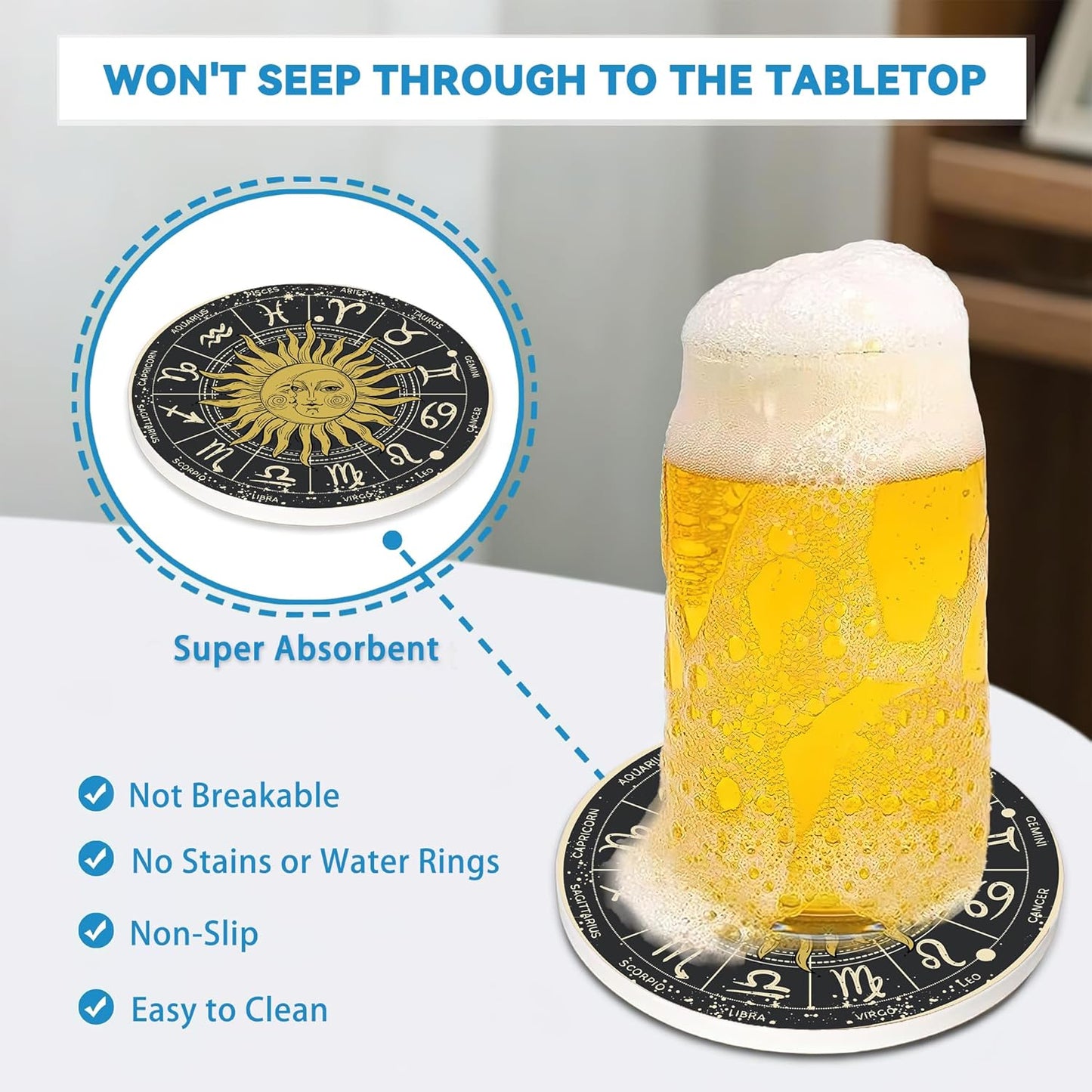 Drinks Coasters Set of 4, Moon Sun Zodic Sign Round 4" Cup Coasters, Absorbent Ceramic Stone Coasters with Cork Base, Cute Coasters for Table Home Décor, Ideal Gifts for Women Men