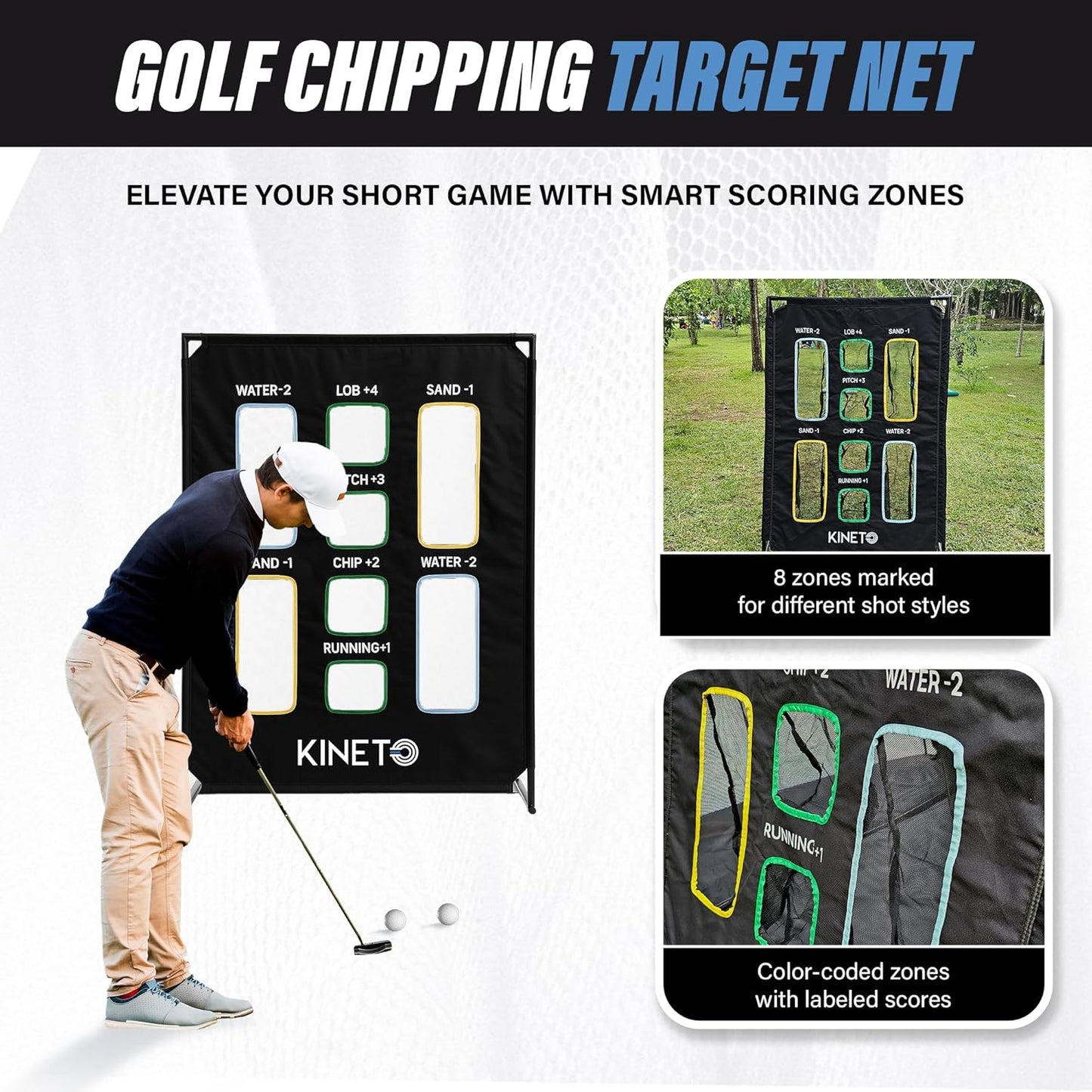 Kineto Training Set – Golf Swing Net, 8-Zone Chipping Target, Baseball Pitch Trainer – Durable, Portable, Tool-Free net for Backyard or Indoor use