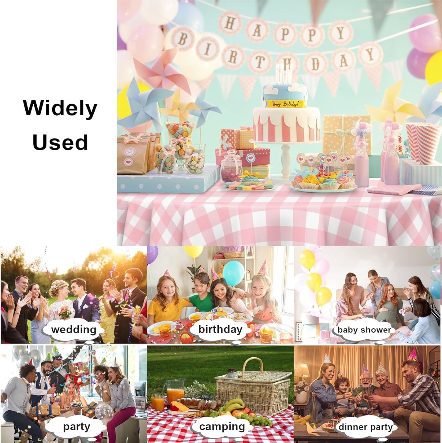 6 Pack Pink and White Checkered Tablecloth, Round Pink Gingham Plastic Table Cloths for Parties Disposable, 84x84 in Waterproof Camping Tablecloth for Birthday Party Baby Shower Picnic School