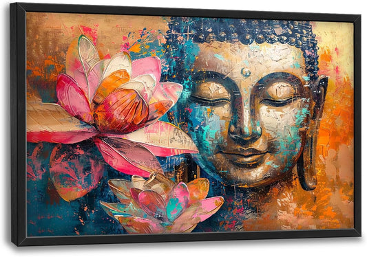 Large Buddha Framed Wall Art for Living Room Zen Lotus Pictures Wall Decor Buddha Canvas Painting Artwork Buddhist Meditation Home Decorations for Buddhism Room Bathroom Office 36x24 inch