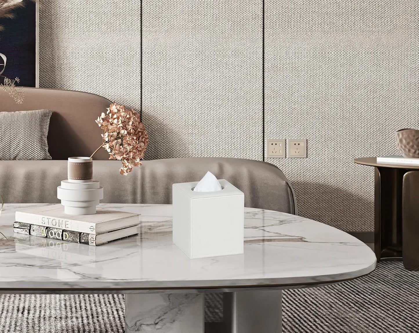 Tissue Box Cover Square Tissue Box Holder for Bathroom (White)