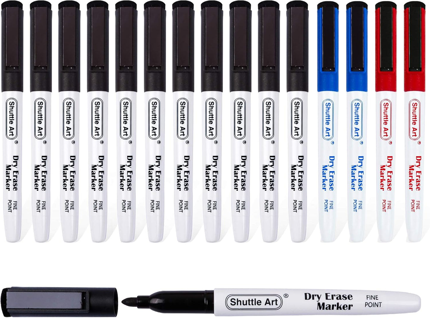 Shuttle Art Dry Erase Markers, 15 Pack 3 Colors Magnetic Whiteboard Markers with Erase, Fine Point Dry Erase Markers for Writing on Whiteboard Glass Mirror for School Home Office(11 Black 2Blue 2Red)
