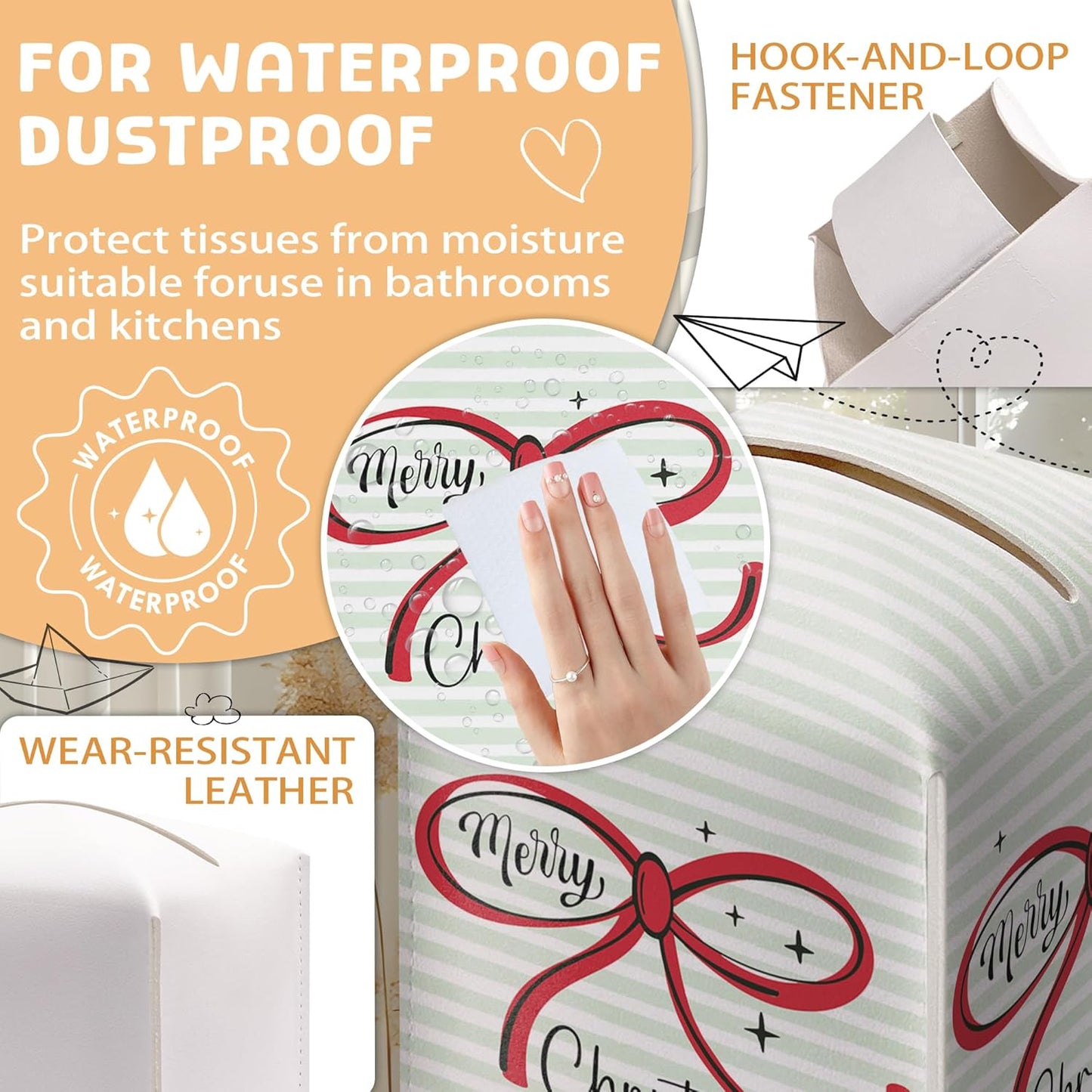 Merry Christmas Tissue Box Holder, Christmas Bow Leather Tissue Box Cover Square, Paper Facial Decorative Tissues Cover for Night Stands Bathroom Kitchen Office Home Decor-B25