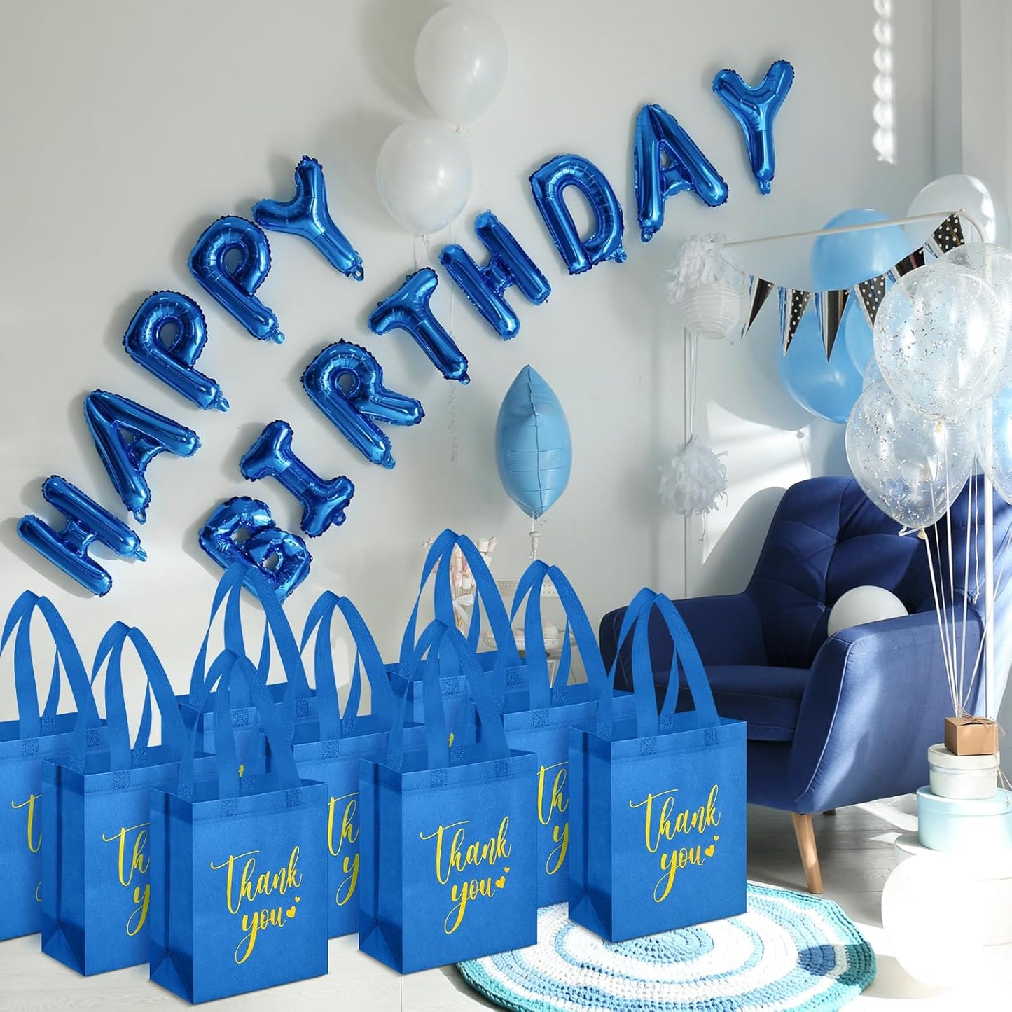 Sweetude 30 Pcs Thank You Gift Bags with Handles Bulk Reusable Goodie Bag Non Woven Foldable Handbag for Graduation Wedding Bridesmaid Gifts (10 x 8 x 4 Inch, Blue)