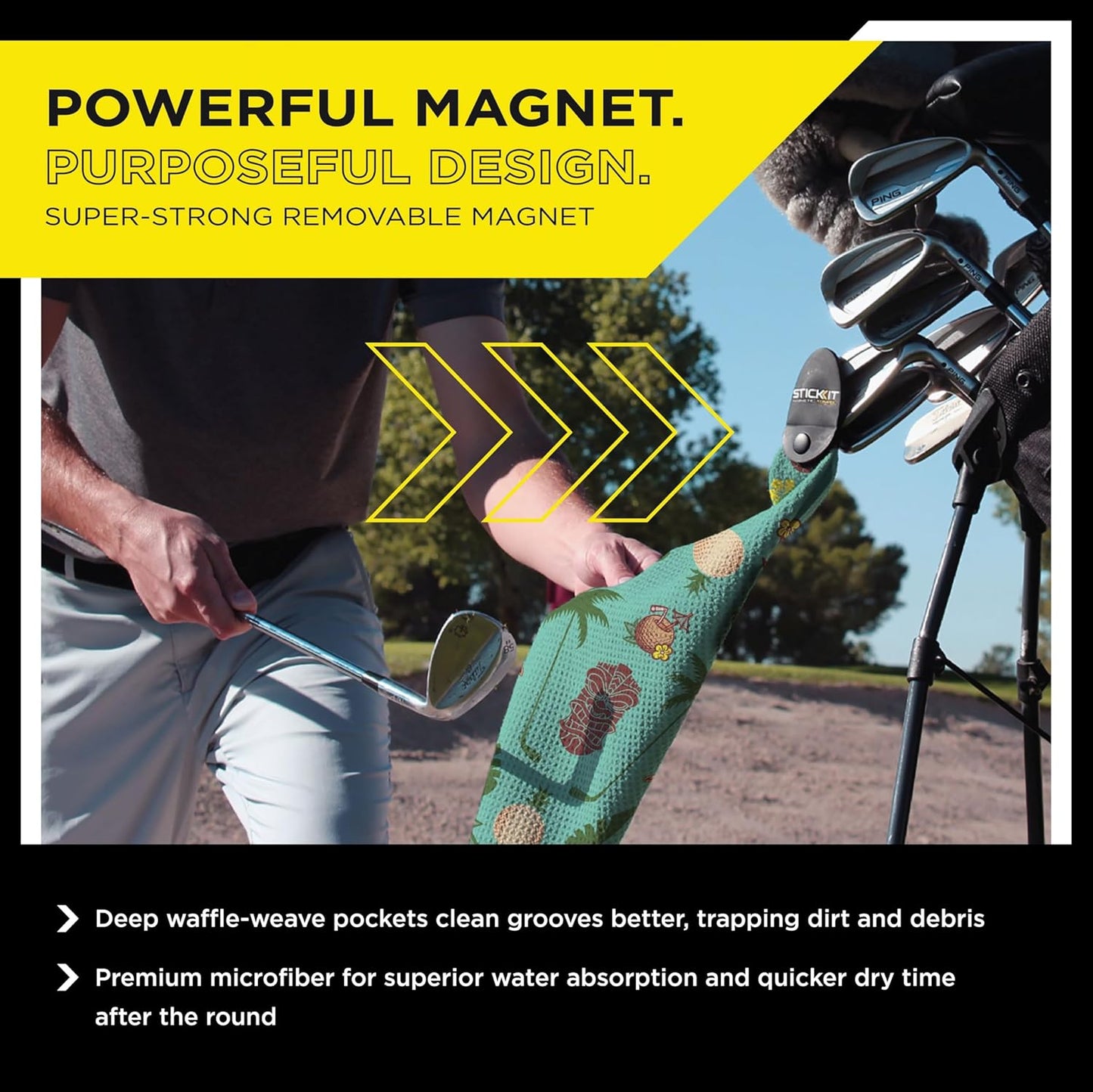 STICKIT Magnetic Golf Towel, Teal Tiki | Top-Tier Microfiber Golf Towel with Deep Waffle Pockets | Industrial Strength Magnet for Strong Hold to Golf Carts or Clubs