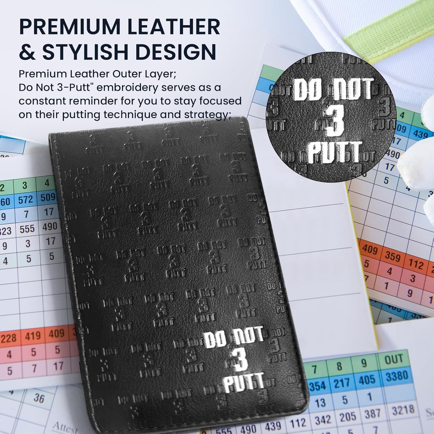 FINGER TEN Golf Scorecard Holder with 2 Free Pencils Value Pack, Premium Leather Yardage Books Cover Weatherproof, Lightweight Portable Score Tracking Accessories for Men Women