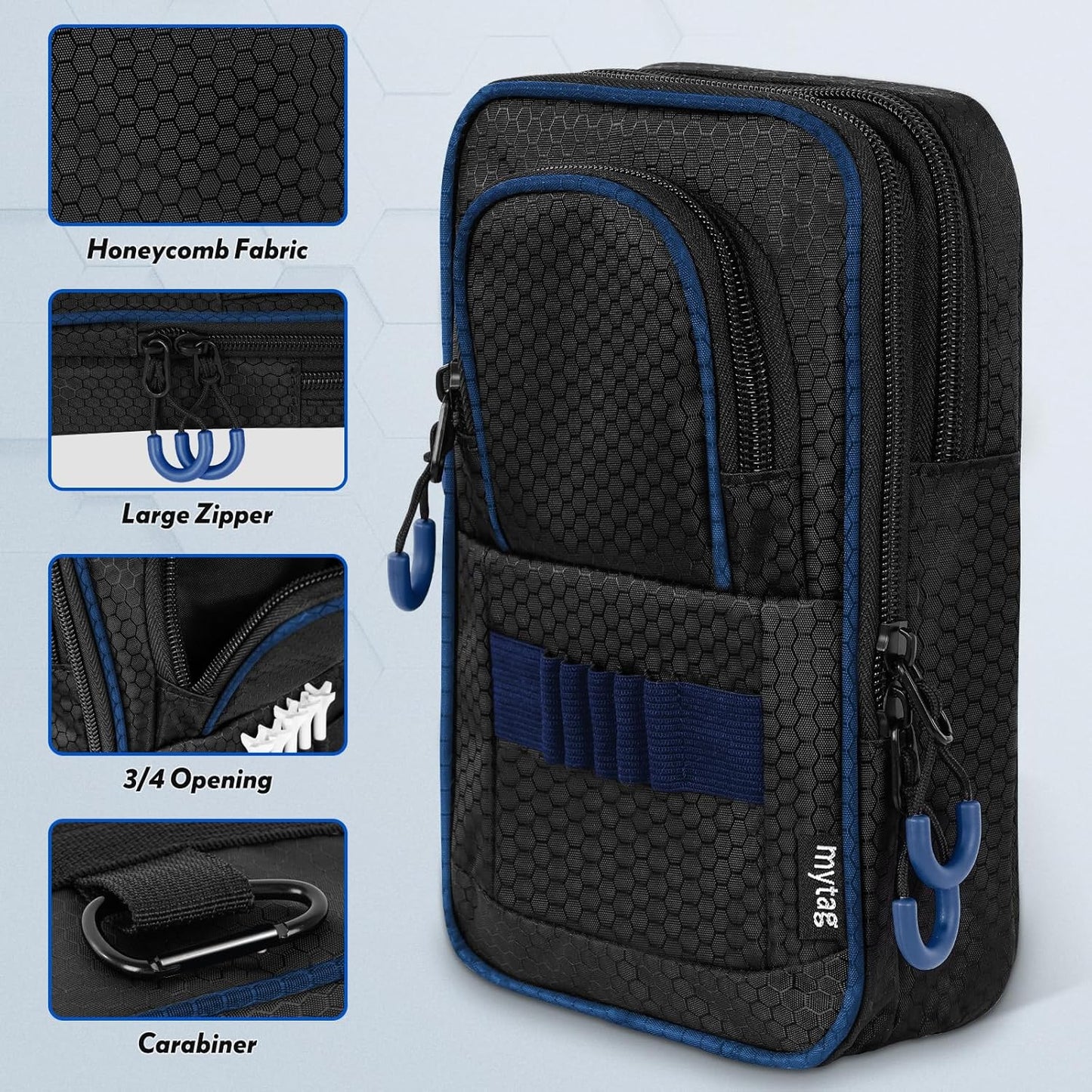 mytag Golf Ball Bag Pouch | Store 12-15 Balls, Golf Valuables Pouch Portable Outfit Organizer Bag Organizer Case Multipocket (Blue/Black)