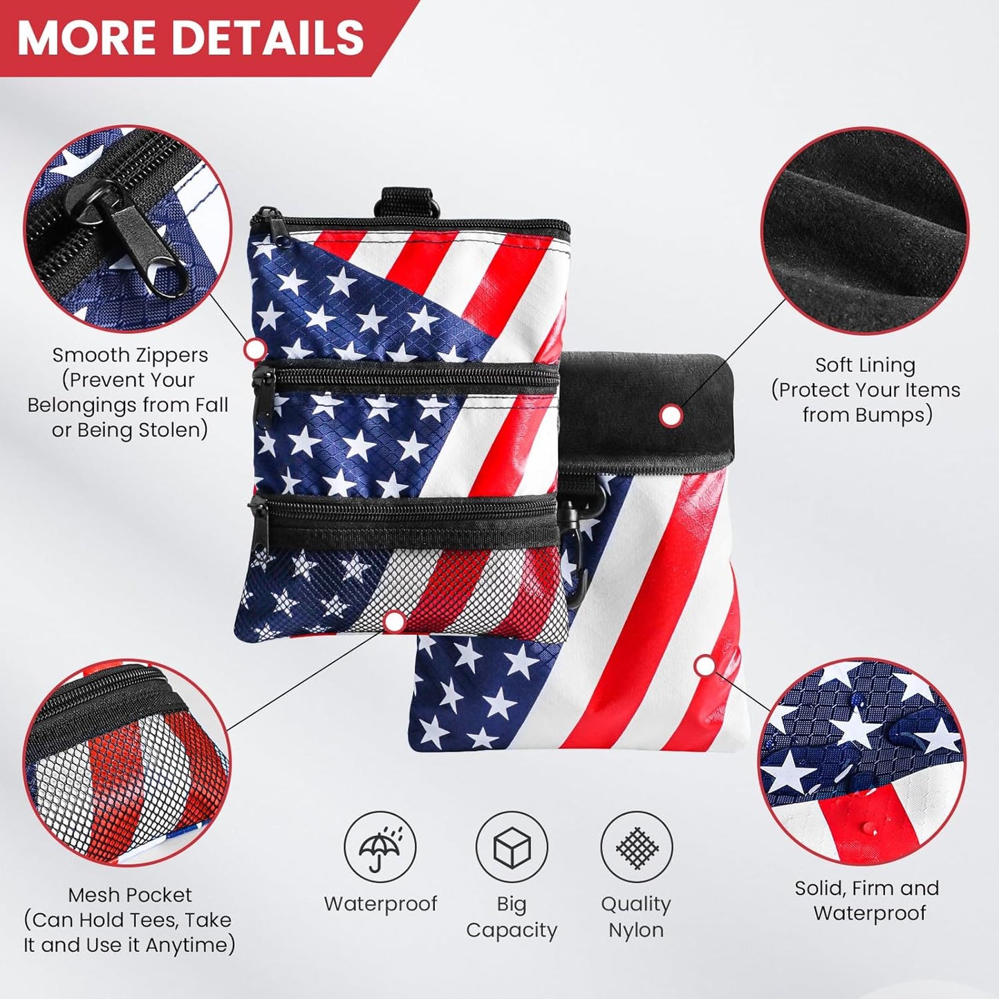 Golf Bag Accessories Valuables Pouch Bags Multi Pocket Zipper Hook with 10 Pcs Wood Golf Tees for Men Women