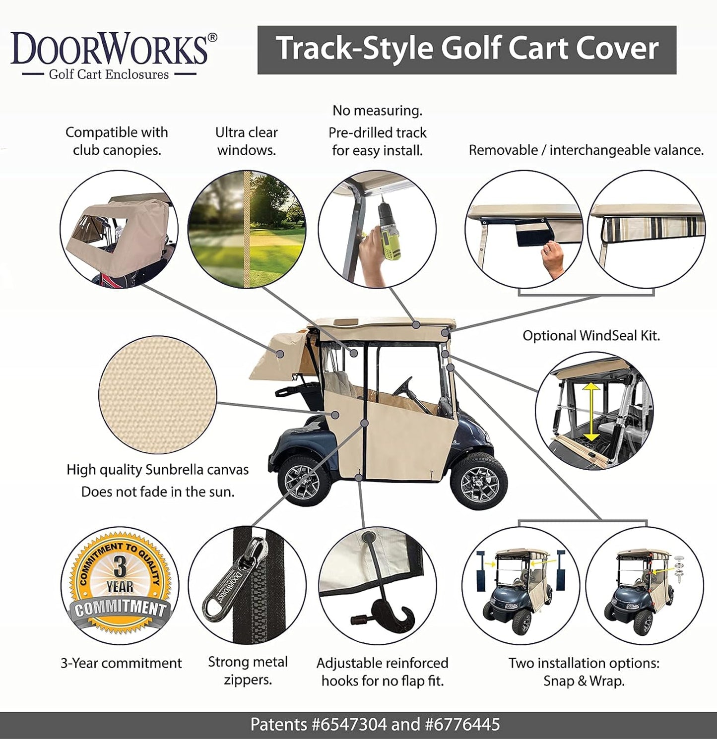 Golf Cart Cover – 3-Sided Track Style Sunbrella Canvas Cart Cover for Yamaha Drive and Drive 2 – Fits Golf Bags, Utility Box, Rear Facing Seat