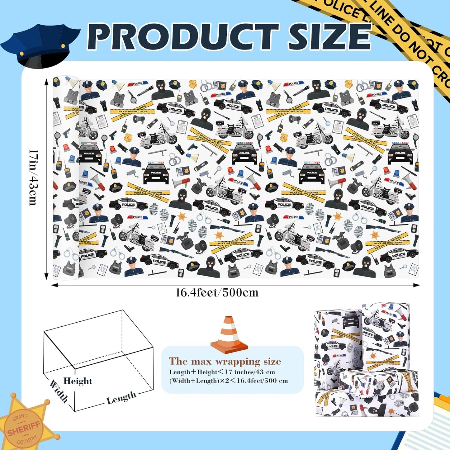 Pineraap Police Wrapping Paper Roll - 17Inch x16.4Feet - Cop Police Theme Gift Wrap for Parties,Birthday,Graduation,Retirement