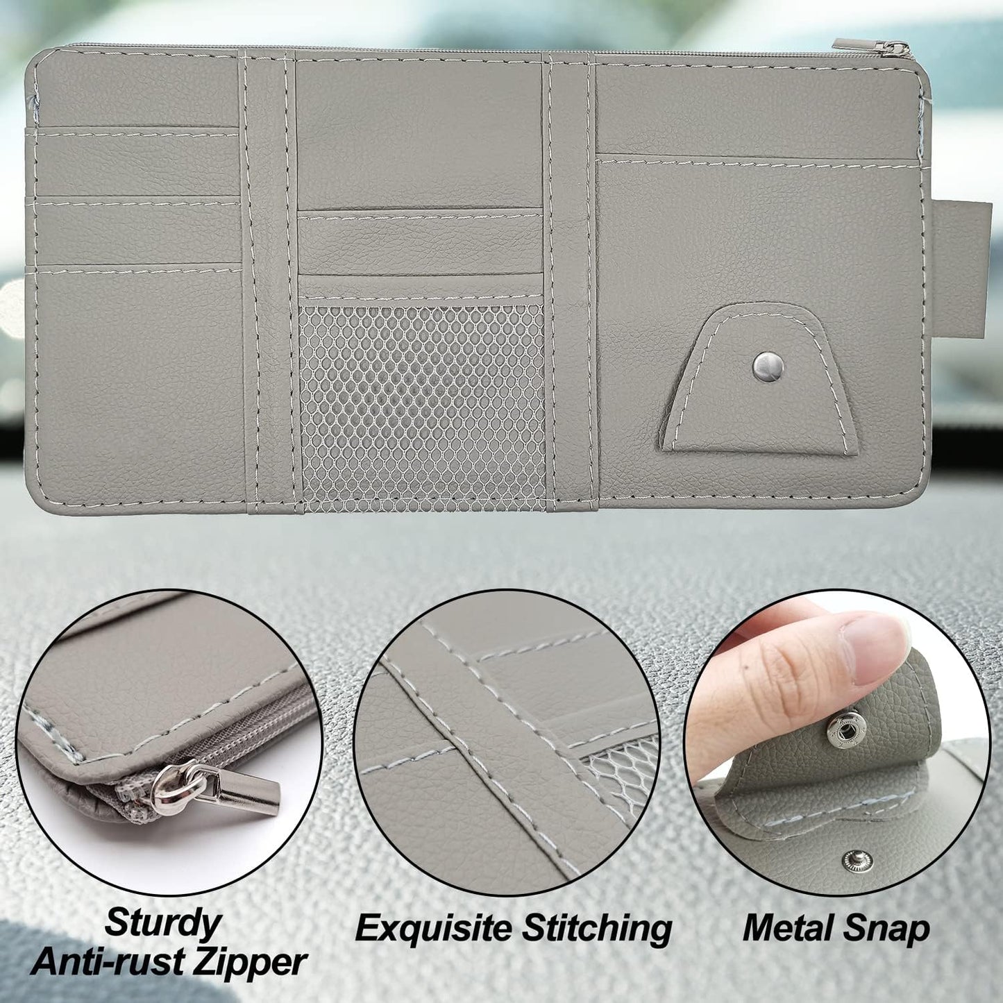 Keedolla Car Sun Visor Organizer with Zipper Pocket, Auto Interior Accessories Pocket Organizer Car Truck Visor Storage Pouch Holder for Cards, Pens, Sunglasses and Document - Gray