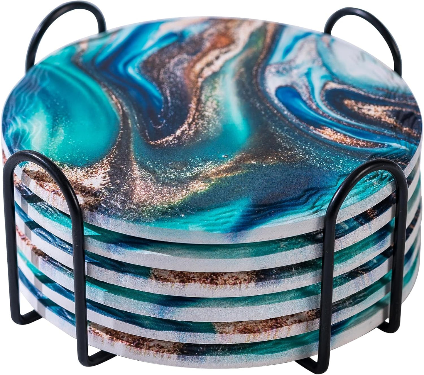 Blue Marble Coasters with Holder Set of 6, Absorbent Ceramic Coasters for Drinks, Coasters with Cork Backing for Table Protection, Housewarming Christmas Birthday Gifts 4 inches