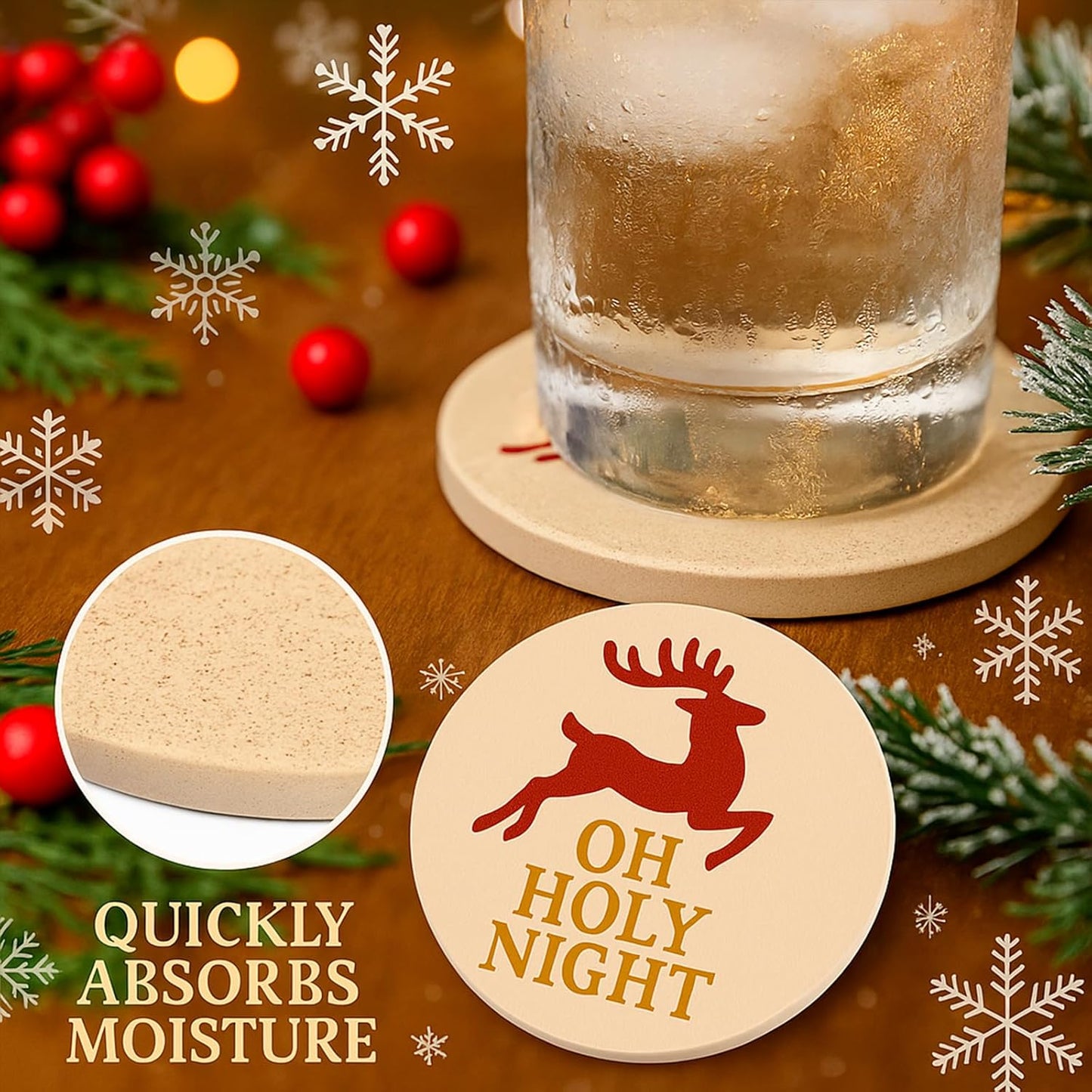 Christmas Ceramic Coasters Set of 4,“Oh Holy Night” Reindeer Absorbent Stone Drink Coasters with Non-Slip Cork Backing for Coffee Table, Holiday Party, Winter Home & Kitchen Decor