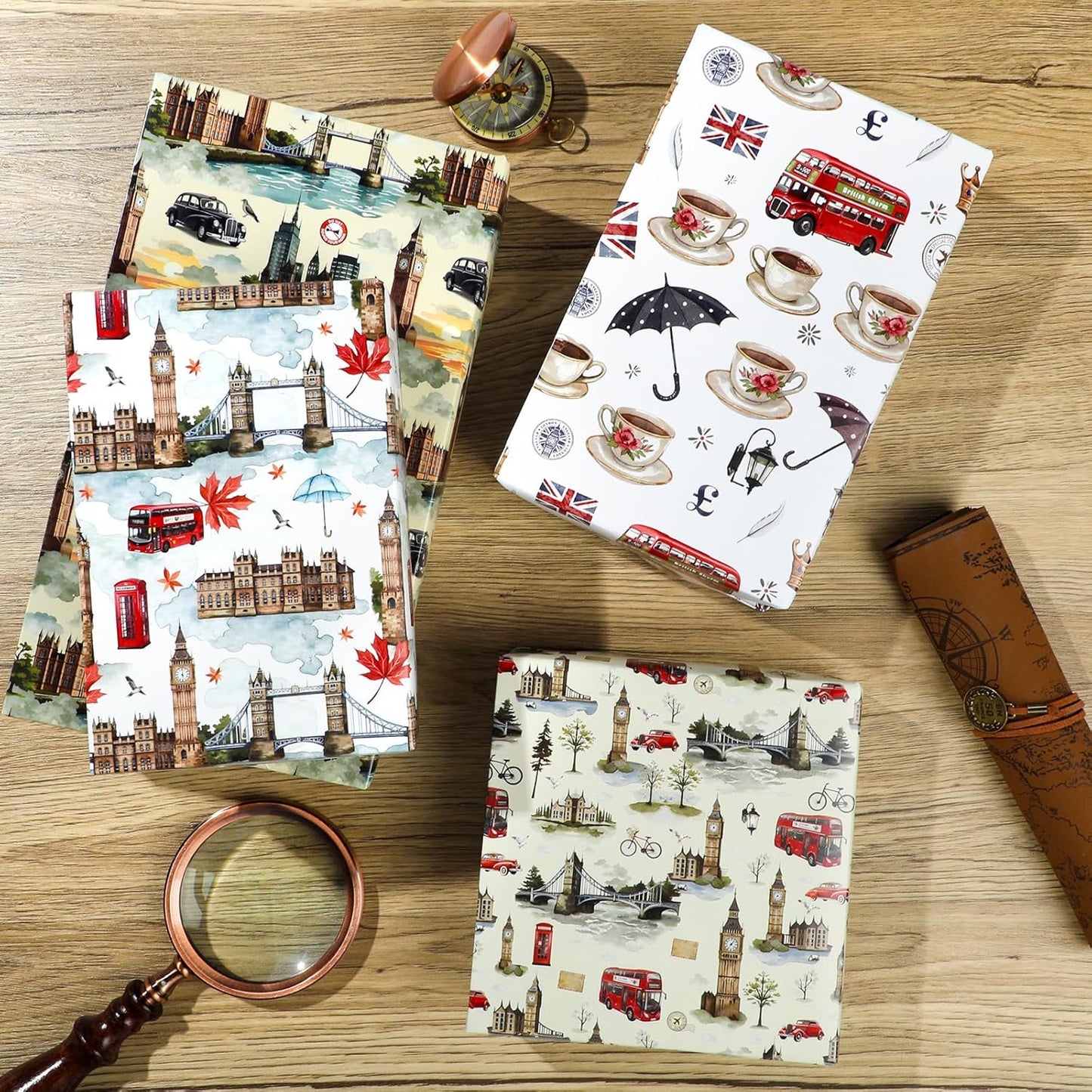 Pineraap London Wrapping Paper 12 Sheets – Big Ben,Tower Bridge,Umbrella UK Designs – British Gift Wrap for Birthday,Travel Lovers,20"×28"