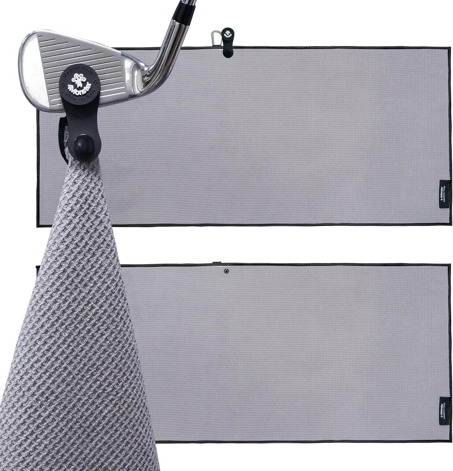 4Monster Golf Towels 2-Pack with Detachable Magnet and Portable Pouch, Quick-Dry Microfiber Golf Towel Set for Golf Bags,Custom Towel Gifts for Men or Women (2, Grey)