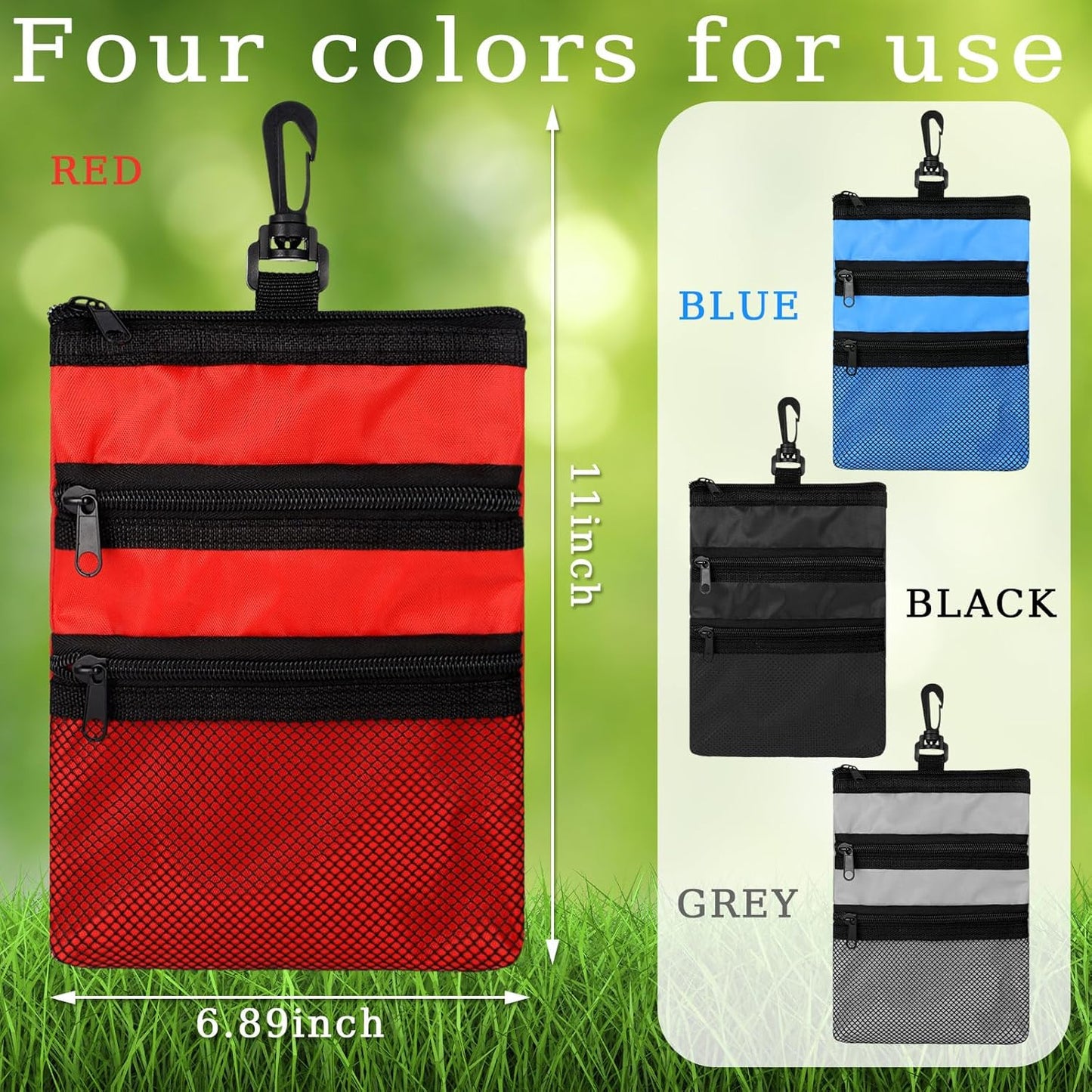 4 Pcs Golf Tee Holder 3 Zippered Golf Pouch Bag for Valuables Portable Ball Accessory Pouch for Men with Clip to Bag for More Storage, Easy Access, Black, Red, Blue, Gray