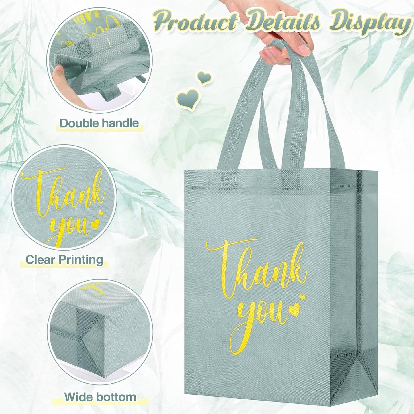 Sweetude 30 Pcs Thank You Gift Bags with Handles Bulk Reusable Goodie Bag Non Woven Foldable Handbag for Graduation Wedding Bridesmaid Gifts(10 x 8 x 4 Inch,Sage Green)