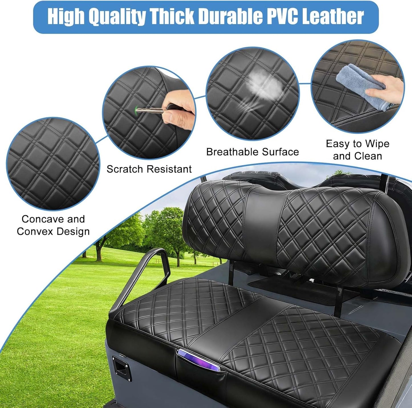 Club Car DS 2000.5-Up Seat Covers, Golf Cart Seat Covers for Club Car DS OEM Ordinary Seat, Front Seat Cover with Concave and Convex Design, Thick Vinyl Leather Comfortable/Breathable