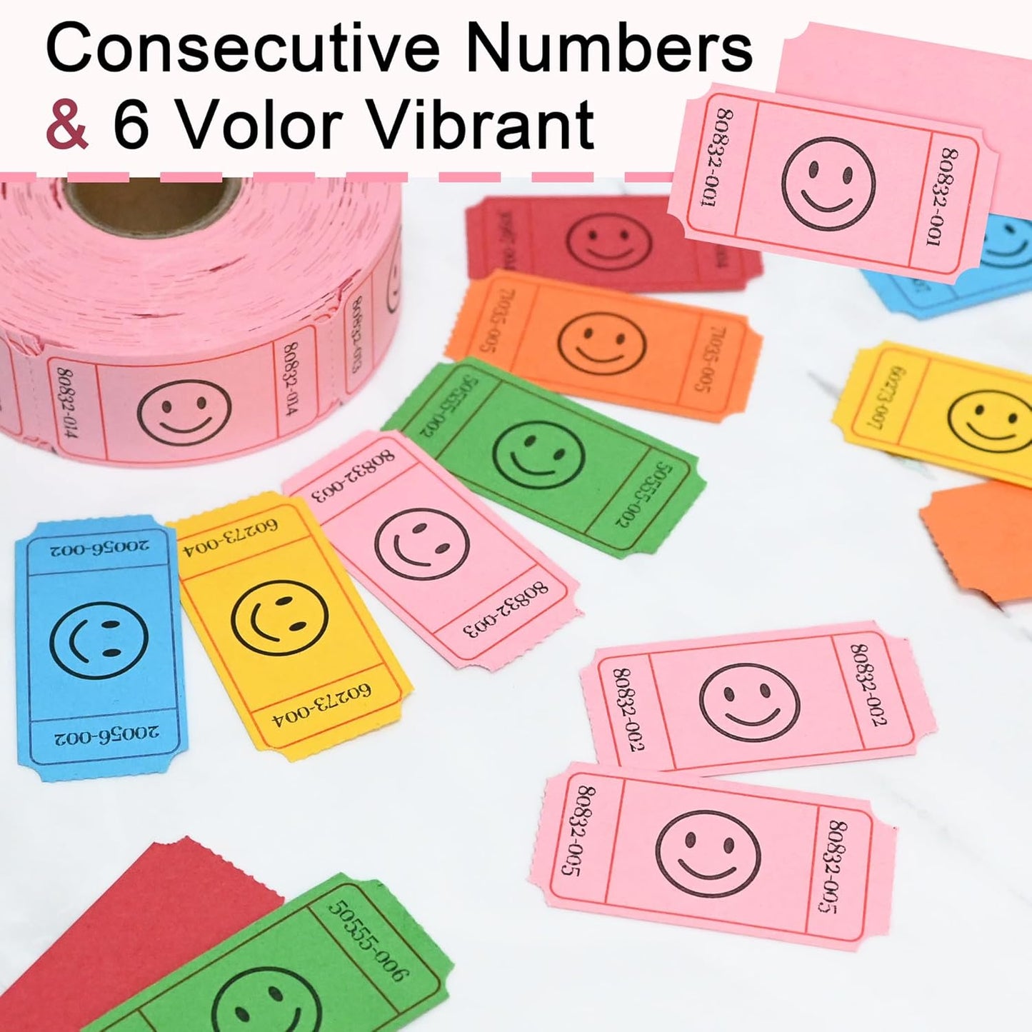 L LIKED 500 Raffle Tickets, Smile, Pink (6 Color Selection), Raffle Ticket Single Roll,Ticket for Events,Carnivals, Entry, Class Reward, Prizes