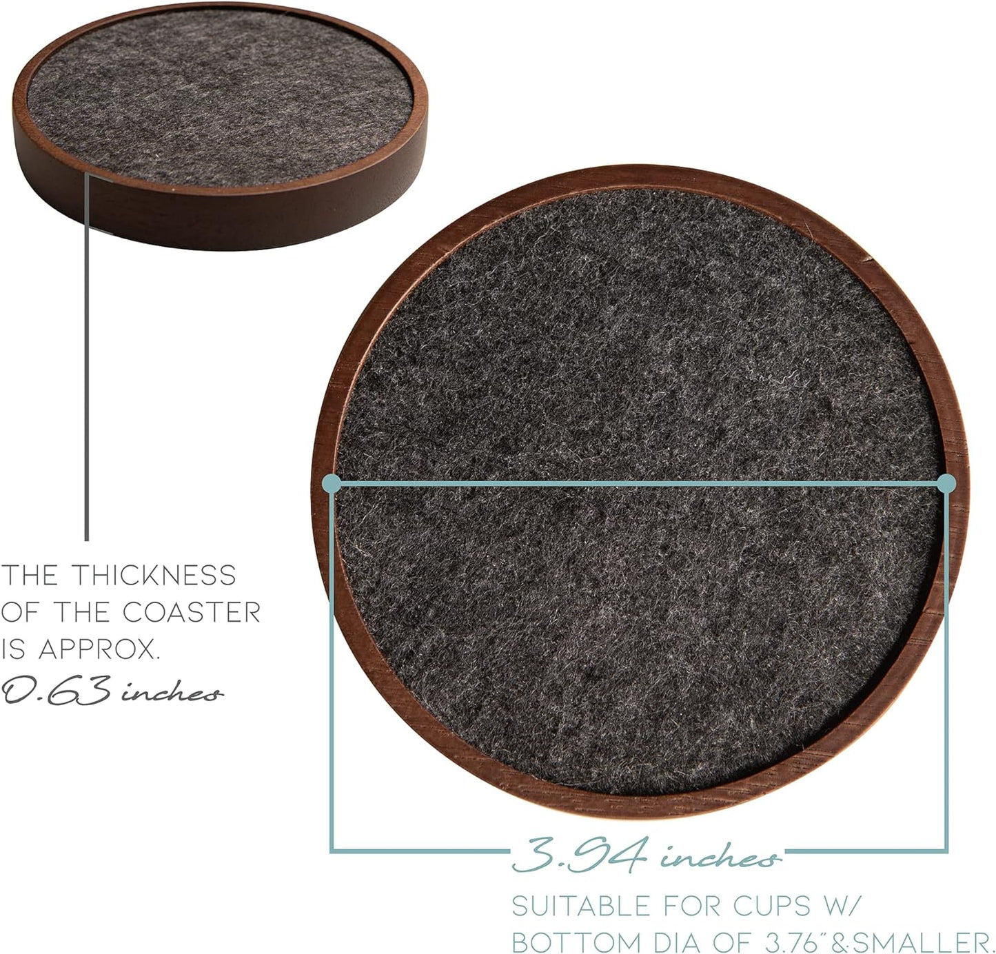Wood Coaster for Drinks, 4.3 Inch, Set of 6, Absorbent and Insulation Felt Stackable Cup Holders, Coasters for Wooden Table, Designed by S1EGAN