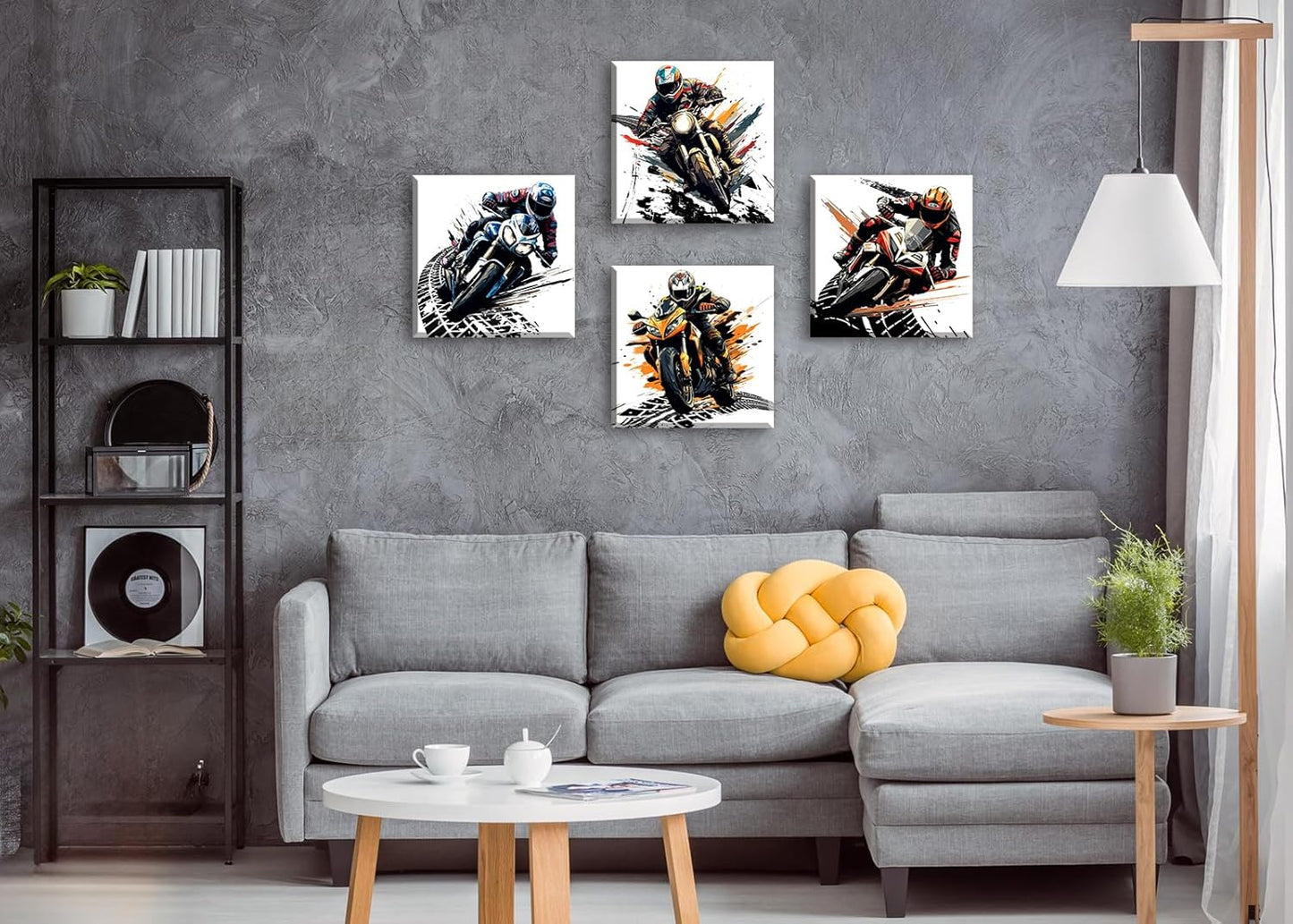 Motorcycle Wall Art Boys Room Decor Graffiti Motocross Posters Motorcycle Canvas Prints Pictures for Mens Cave Dirt Bike Lovers Bedroom Game Room Decoration Framed and Ready to Hang 12"×12" × 4 Pcs