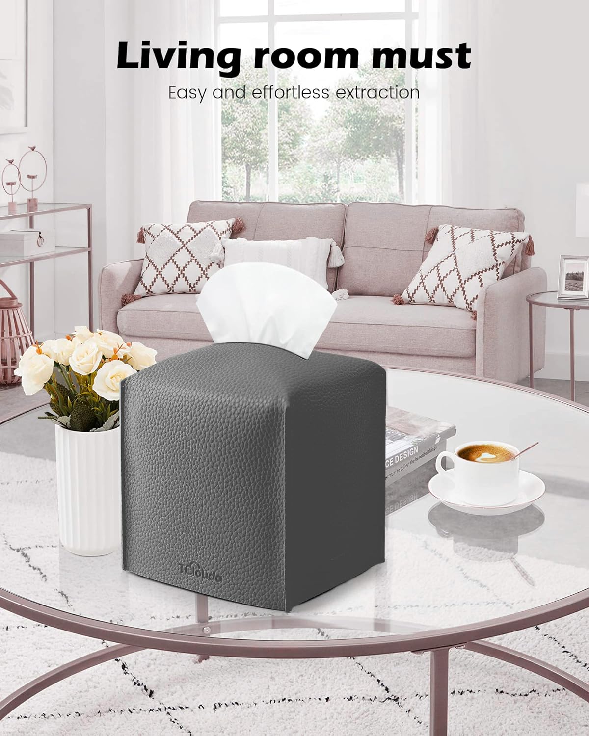 Tissue Box Cover for PU Leather, Modern Simple Solid Color Holder Square Tissue Bag, Ideal for Bathrooms,Office,Car,Outdoor Tent,Dining Table,5"X5"X5", Double Charcoal