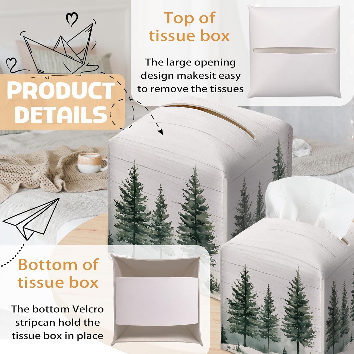 Winter Pine Tree Tissue Box Holder, Christmas Tree Leather Tissue Box Cover Square with Bottom Belt, Paper Facial Decorative Tissues Cover for Night Stands Bathroom Kitchen Office Home Decor-B21