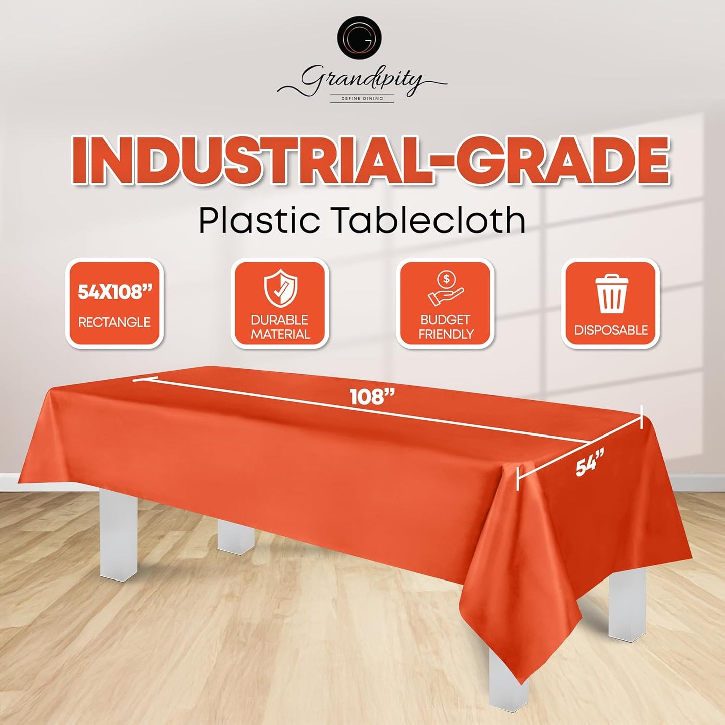 Grandipity 12 Pack Premium Disposable Plastic Tablecloth 54 Inch. x 108 Inch. Decorative Rectangle Table Cover - Orange