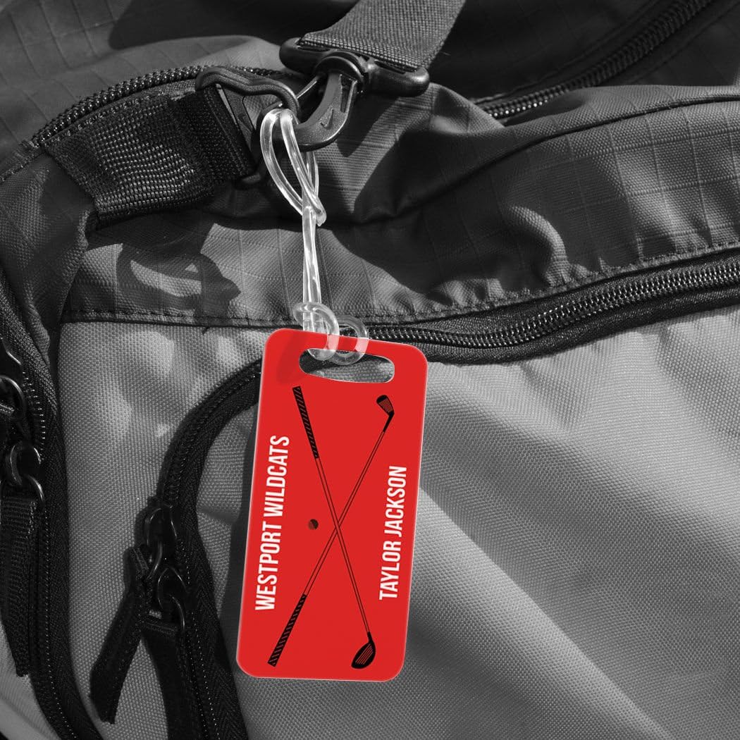 ChalkTalkSPORTS Golf Luggage & Bag Tag | Personalized Crossed Golf Clubs | Standard Lines on Back | Small | Red/Black