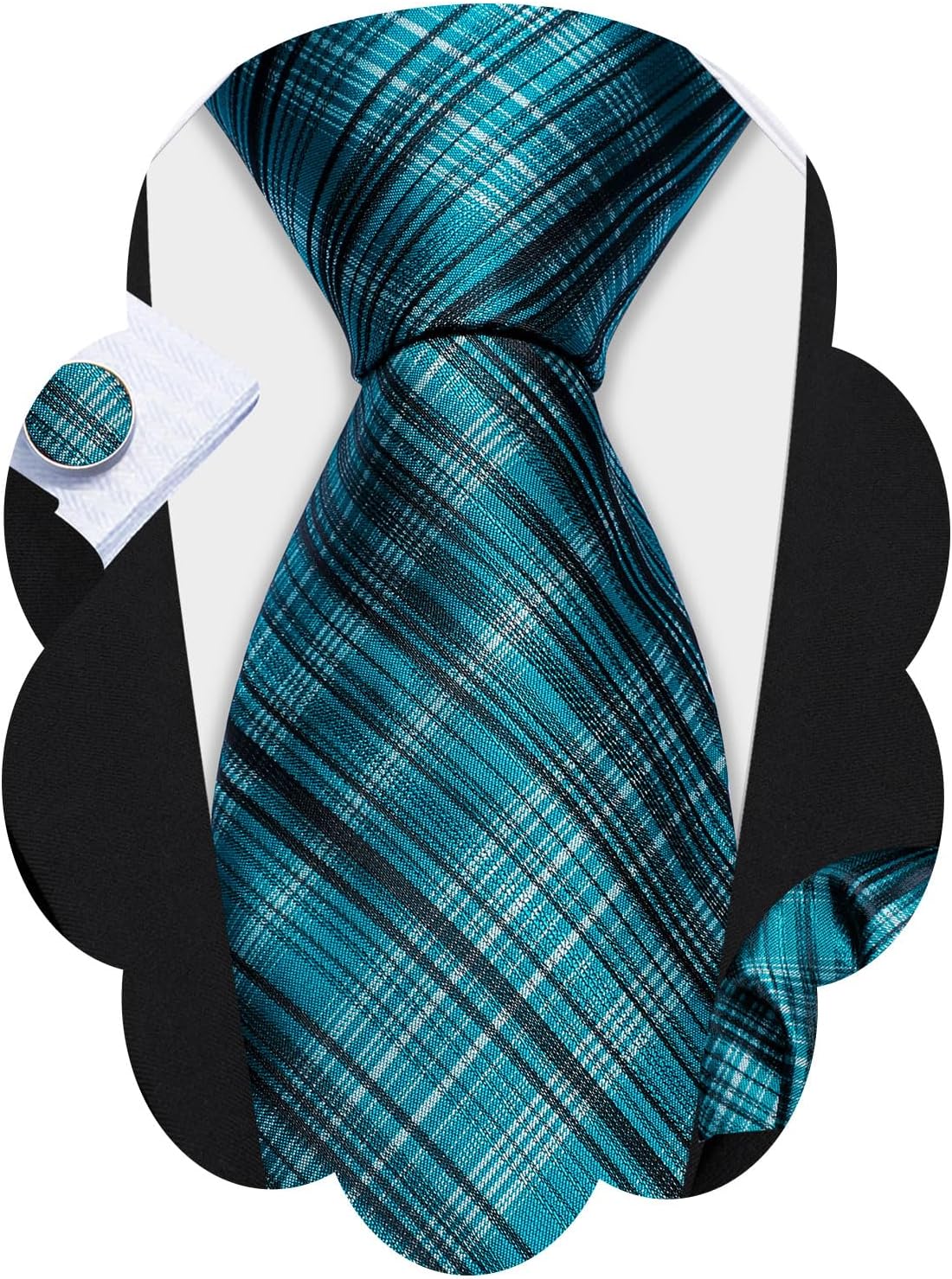 Barry.Wang Designer Classic Ties for Men Set Formal Pocket Square Cufflink Check Plaid