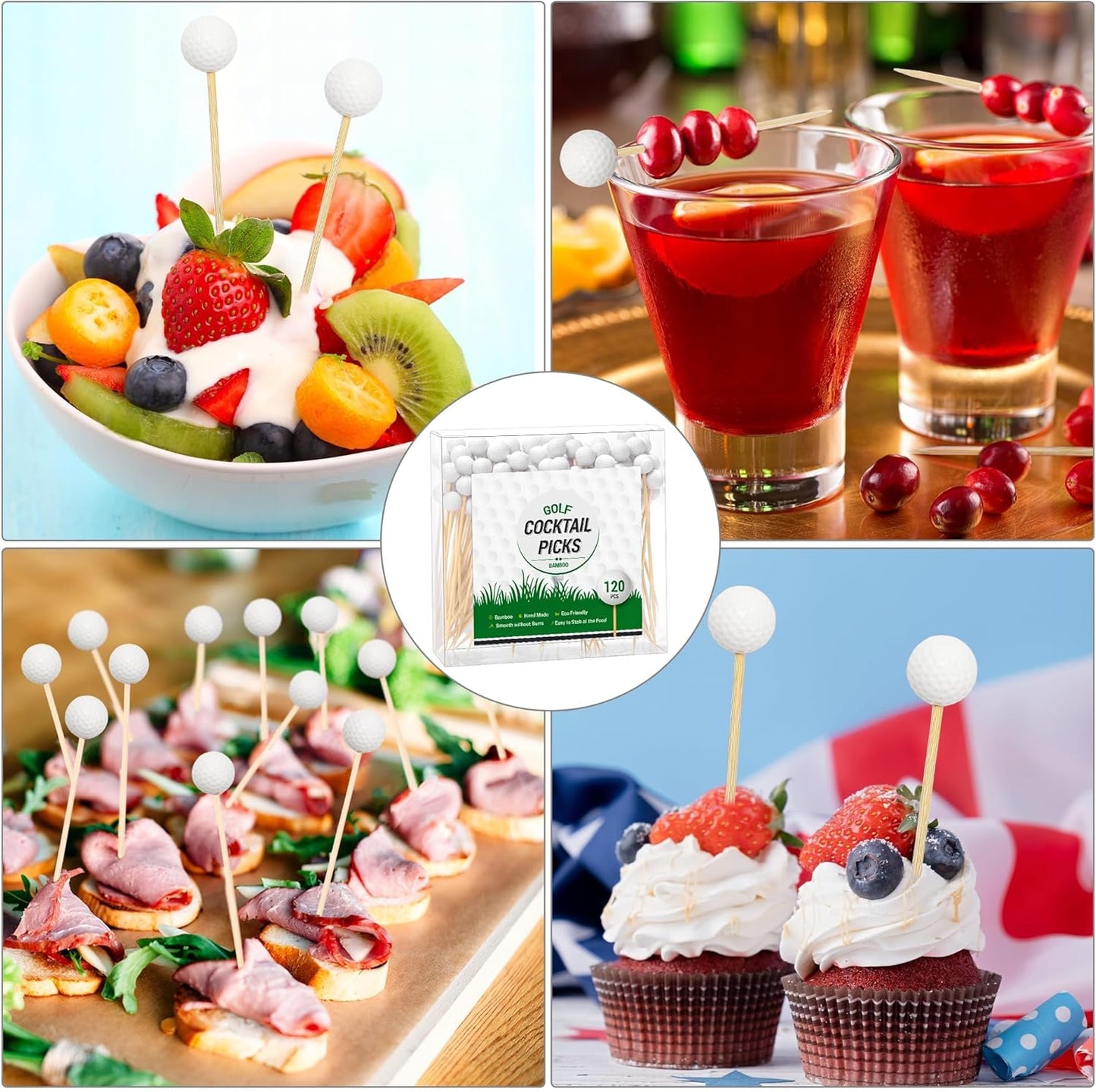 Aodaer 120 Pieces Golf Cocktail Picks, 4.72 Inch Golf-Themed Ball Toothpicks for Appetizers, Disposable Fruit Sandwich Bamboo Skewer Picks for Sports Party Decoration, Catered Events, Buffet Supplies
