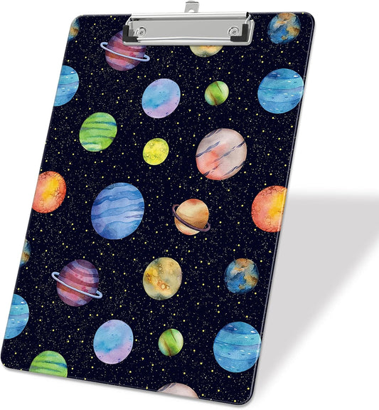 Plastic A4 Clipboards, Cute Clip Board Stardard Letter Size 9 x 12.5 in, Office Decorative for Students Women Men and Kids, Planet