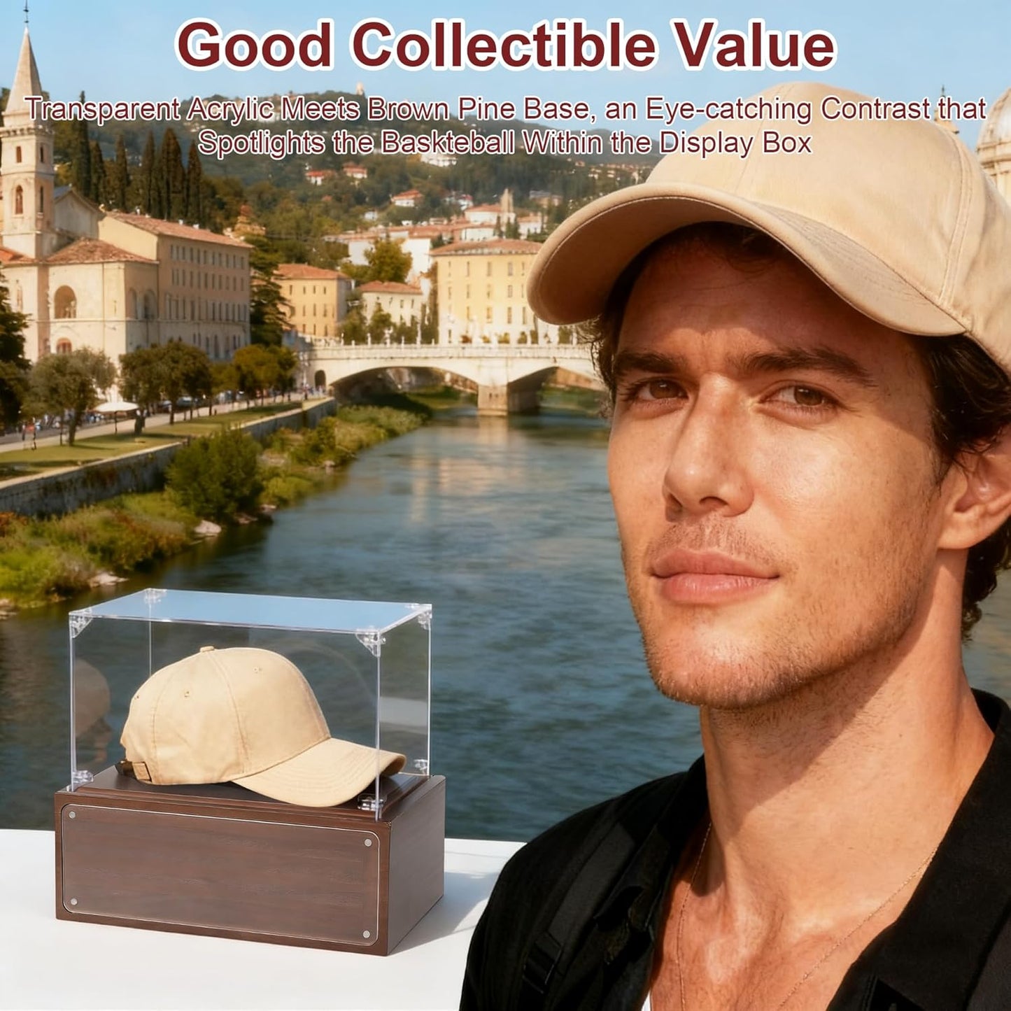 Baseball Hat Display Case, Uv Protection Signed Hat Transparent Showcase, Clear Acrylic Sport Cap Holder Stand Display Box with Solid Wood Base Risers, Ideal Gift for Cap Collector