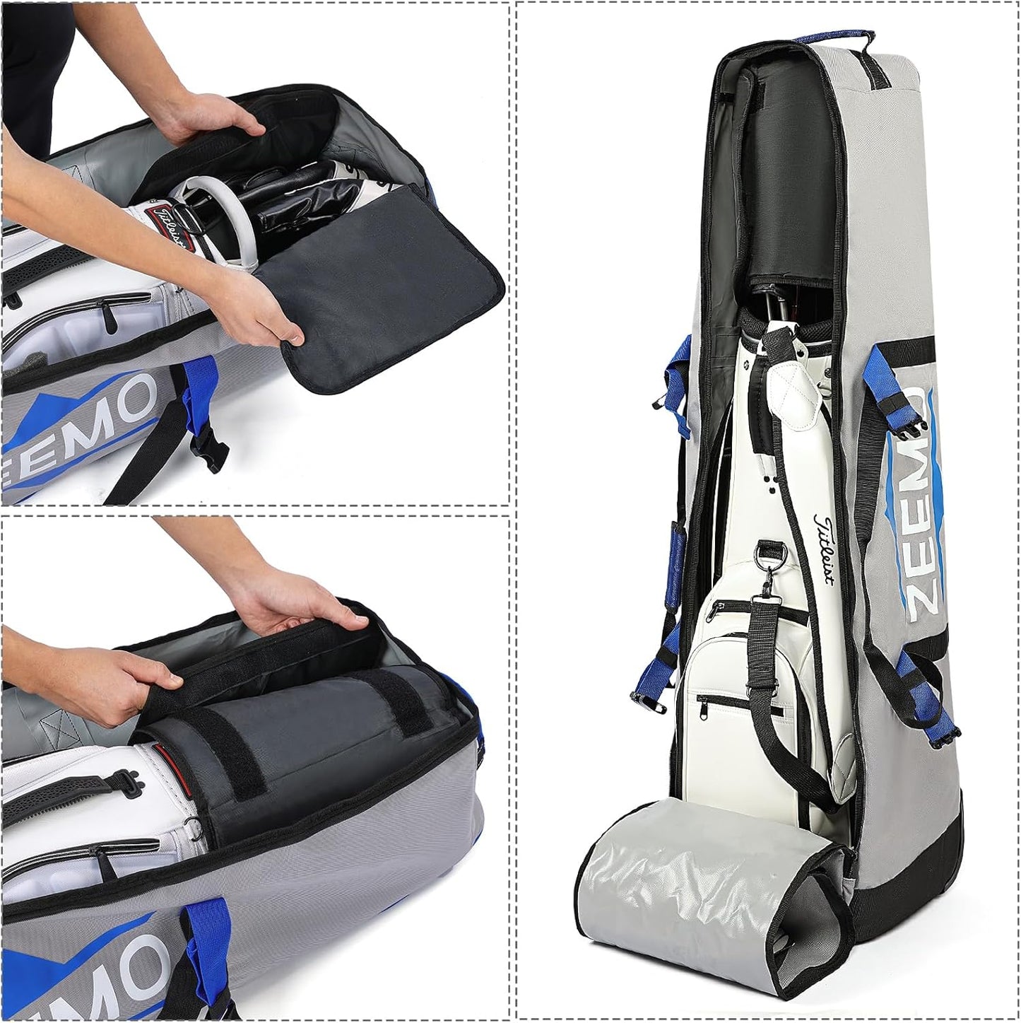 ZEEMO Golf Travel Bag, Full-Open Protective & Wheeled Airline-Approved Case for Clubs, Cart&StandBag, Soft-Sided Waterproof Cover Made of Heavy Duty Oxford