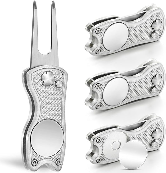 Mile High Life Golf Divot Repair Tool, All Metal Foldable Divot Tool with Pop-up Button & Magnetic Ball Marker, 2-6 Pack
