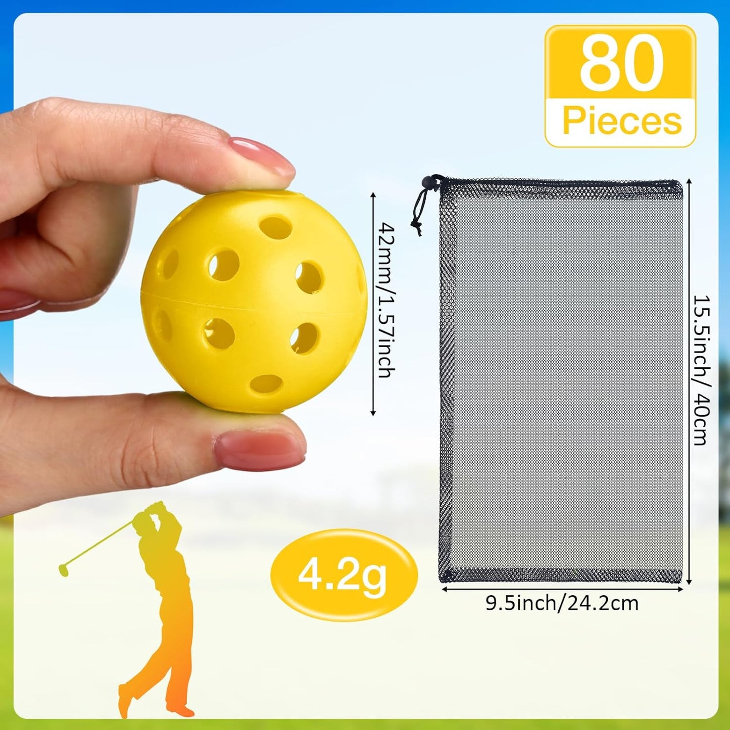 80 Pack Practice Golf Balls Limited Flight 42 mm Golf Training Airflow Hollow Plastic Ball for Women Men Indoor Outdoor Driving Range Swing Practice Home