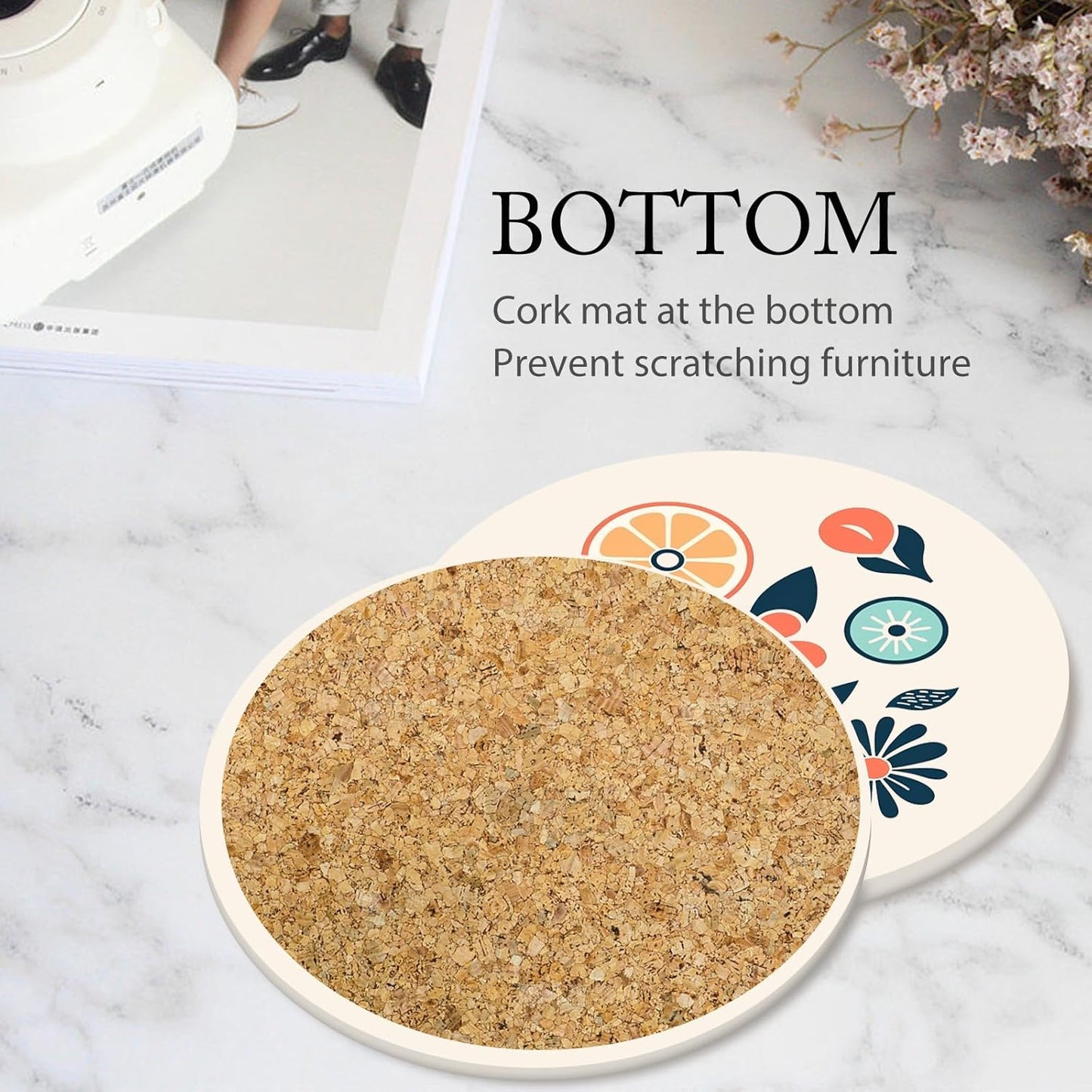 Boho Set of 6 Coasters for Drinks Absorbing Round Ceramic Stone Coaster with Cork Base,Tabletop Protection Mat for Mugs and Cups,Office,Kitchen (Boho Flower)