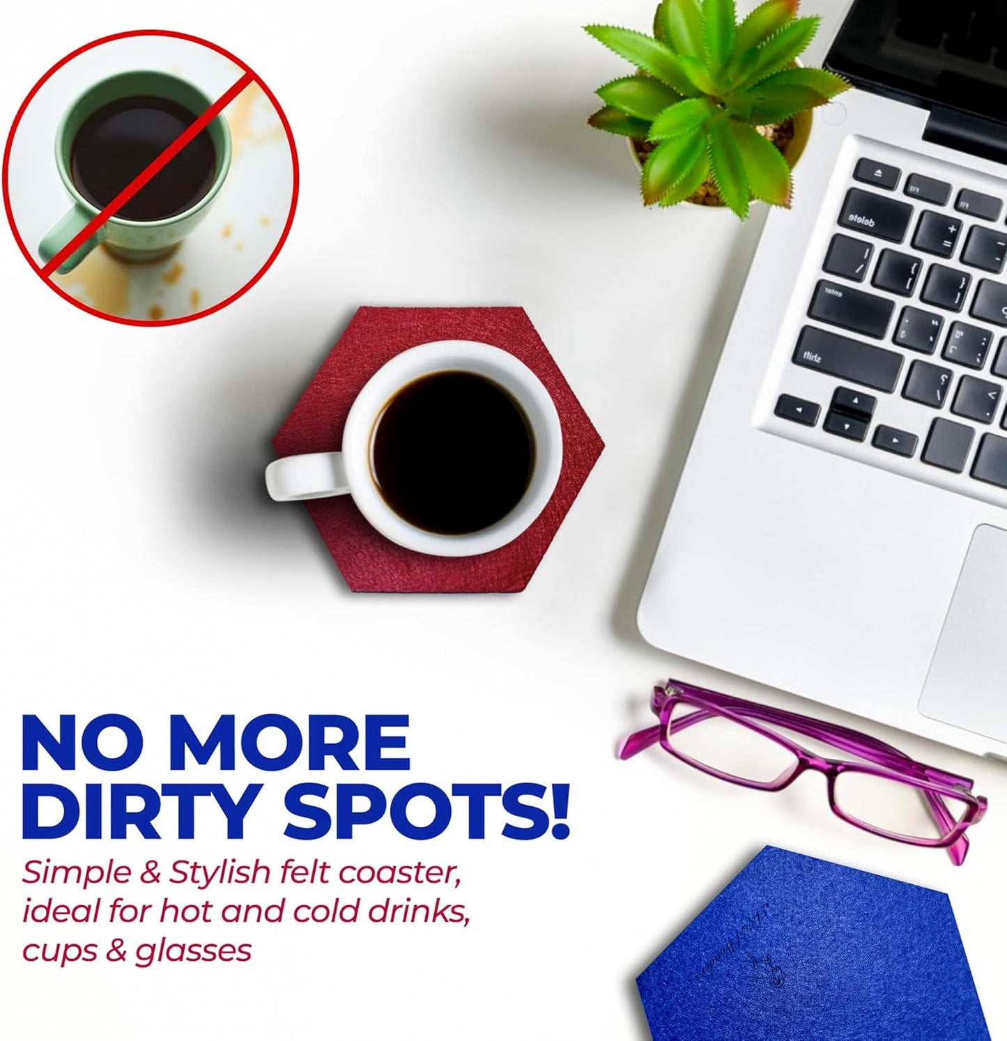 A&A Wonders Premium Felt Coasters for Drink, Two-Tone Reversible, Absorbent Felt Protects Furniture, Table, Anti Slip, Suitable for Drinks & All Table Types (Wine Red/Royal Blue, Hexagon 12 Pack)