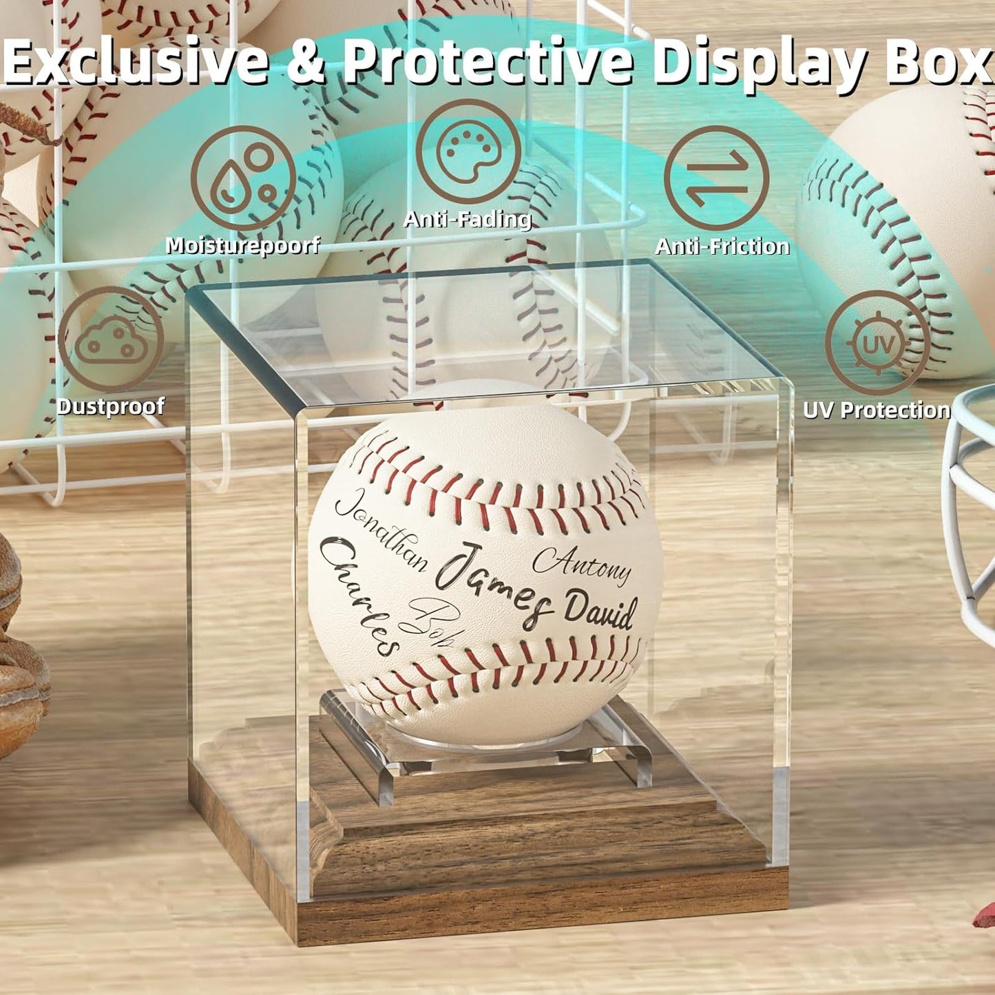 Baseball Case Display for Balls Walnut Wood Base Acrylic Baseball Display Case Baseball Holder Stand Cube Memorabilia Showcase Autograph Ball Protector for Official Size Ball Display