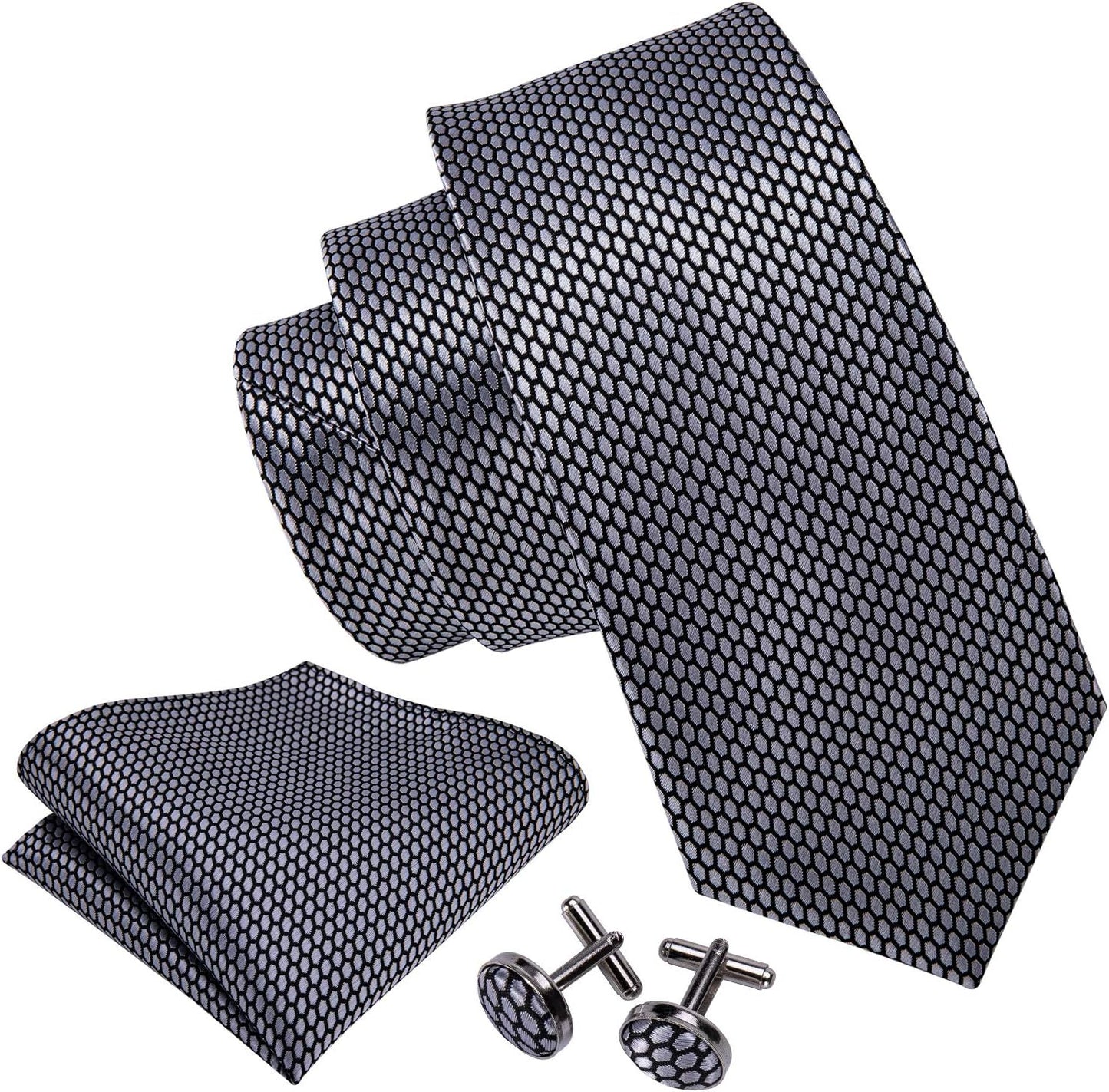 Barry.Wang Designer Classic Ties for Men Set Formal Pocket Square Cufflink Check Plaid