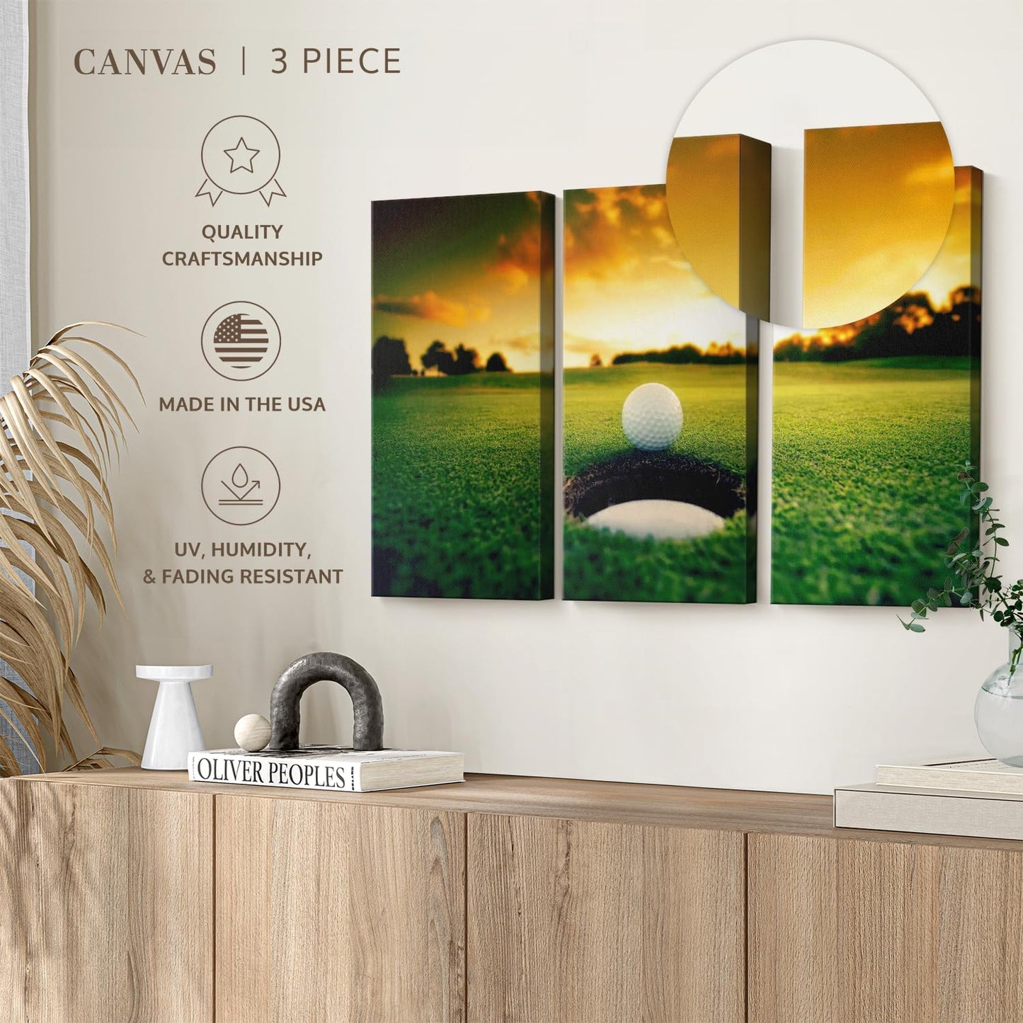ElephantStock Golf Ball Wall Art - Horizontal Canvas - 3-Piece Living Room Wall Decor - Photography Sports Canvas Print - Orange and Yellow Decor for Wall - 33" X 20"