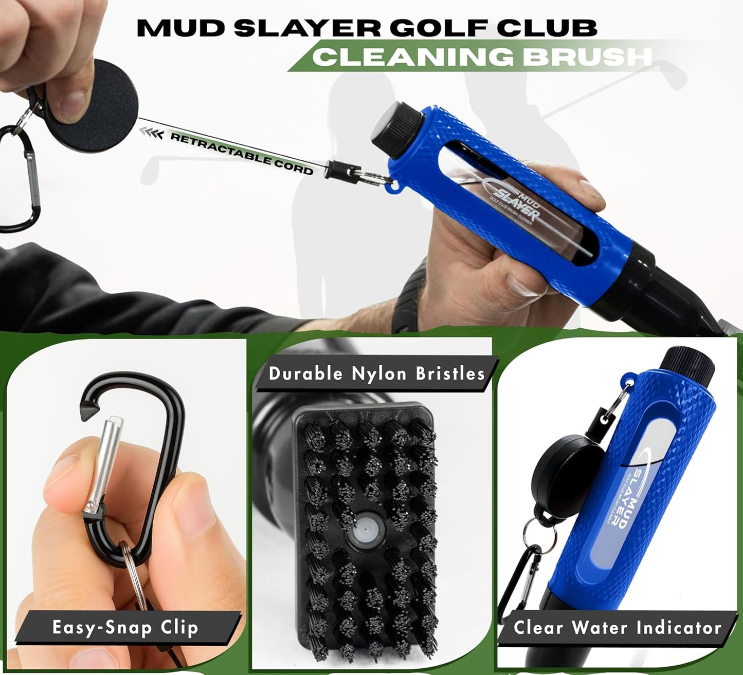 Mud Slayer Golf Club Cleaning Brush with Fine Mist Spray, Leak-Proof Viewing Window & Retractable Clip – Dual Bristle Head, Ergonomic Handle – Must-Have Golf Accessories for Men & Women