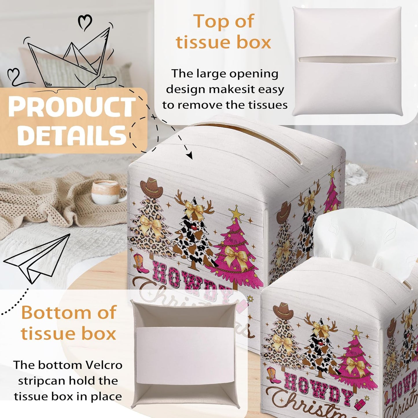 Christmas Tissue Box Holder, Pink Western Cowboy Christmas Trees Leather Tissue Box Cover Square, Coquette Xmas Bow Paper Facial Decorative Tissues Cover for Bathroom Office Home Decor-B04